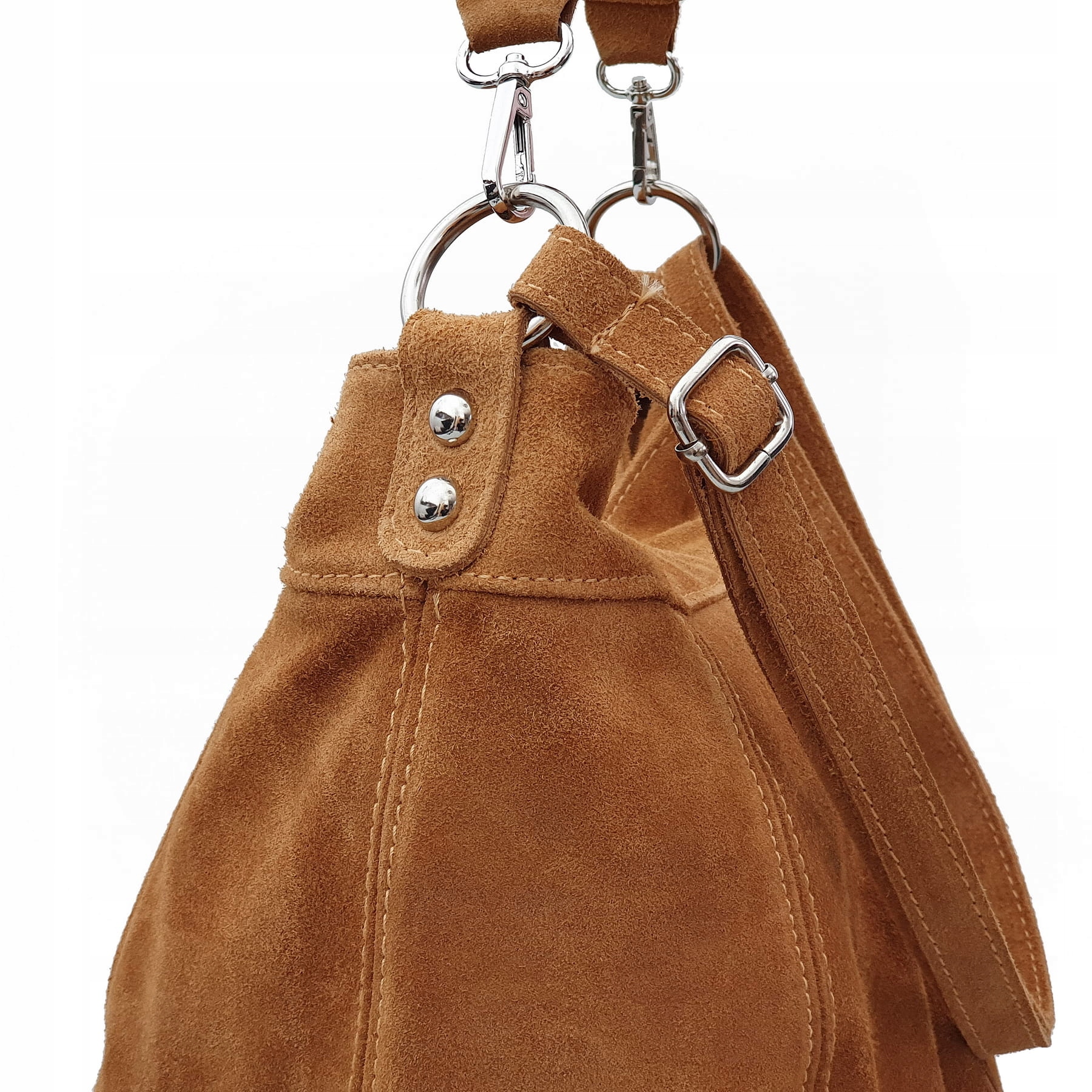 VERA PELLE torebka damska zamszowa worek z paskiem na ramię BRĄZOWA Wielkość duża (mieszcząca A4)