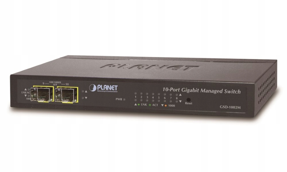 Planet GSD-1002 gigabit L2 L4 switch 8x Tp, 2x Sfp, DC PoE-in, fanless
