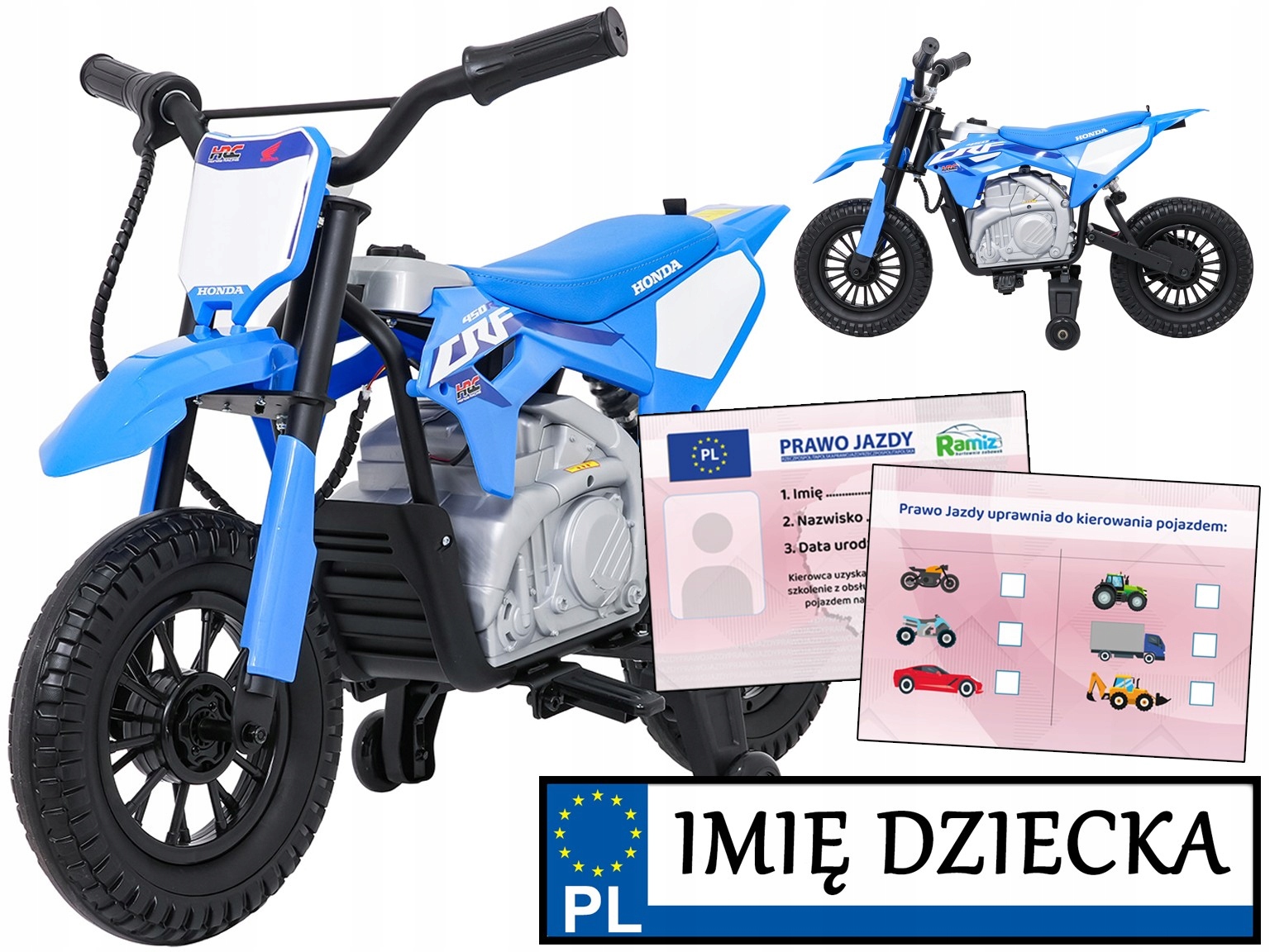 stabilny motorek elektryczny Honda CFR450R boczne kółka piankowe koła