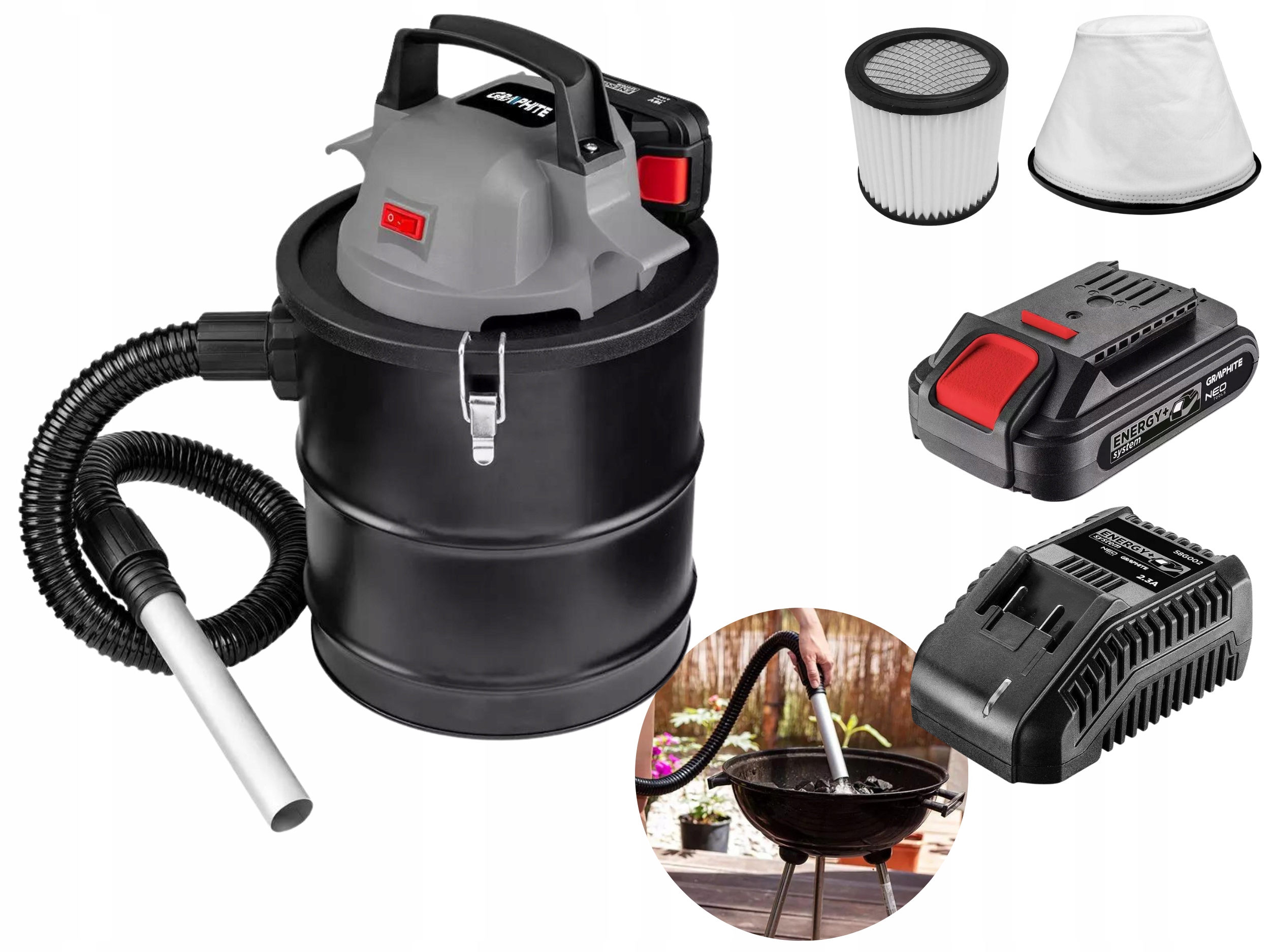 ODKURZACZ AKUMULATOROWY DO POPIOŁU KOMINKA PIECA GRILLA SEPARATOR GRAPHITE