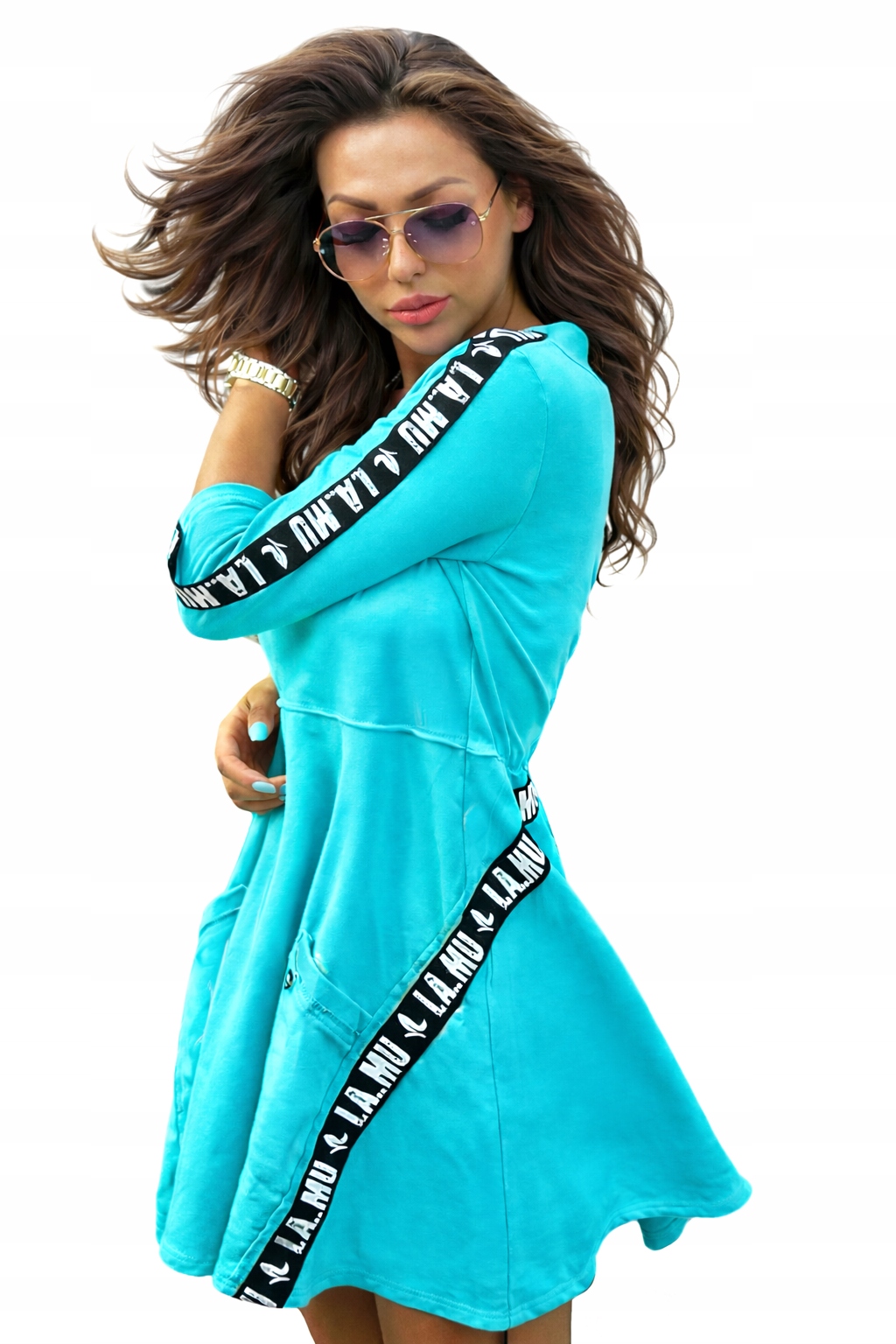 La..mu Šaty trapézová Sport-Chic s logem a páskou Bavlna Turkus S/m