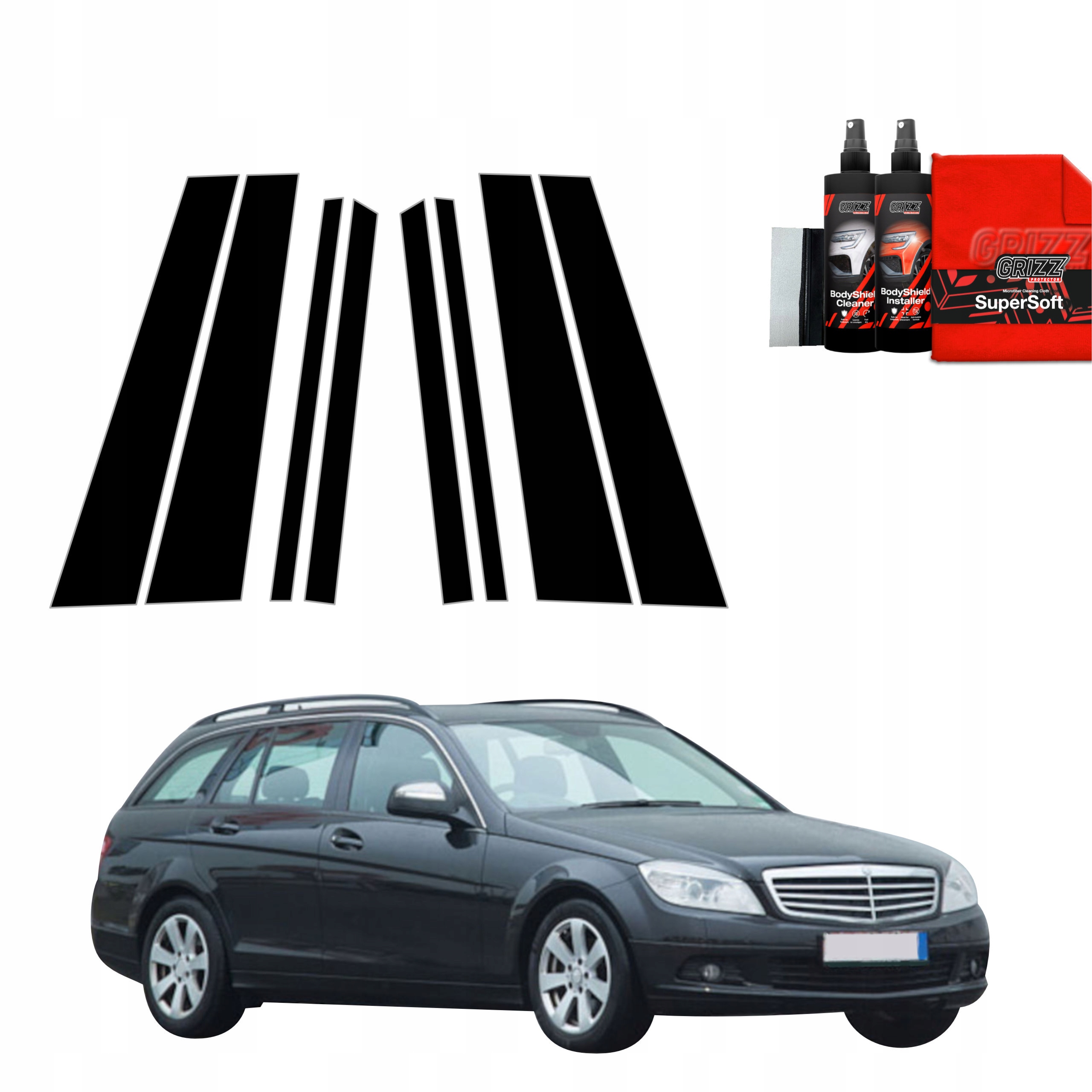 8v1 Černá fólie na sloupky pro Mercedes Benz C třídy S204 Kombi (2007-2011)