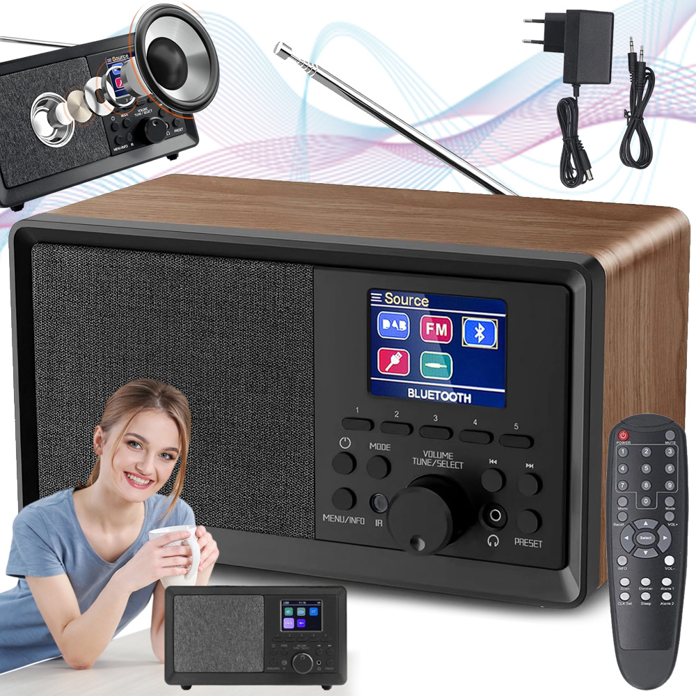 Digitální Rádio Dab+ Fm S Budíkem Bluetooth 5.0 Dálkové Ovládání Dřevěné Pouzdro