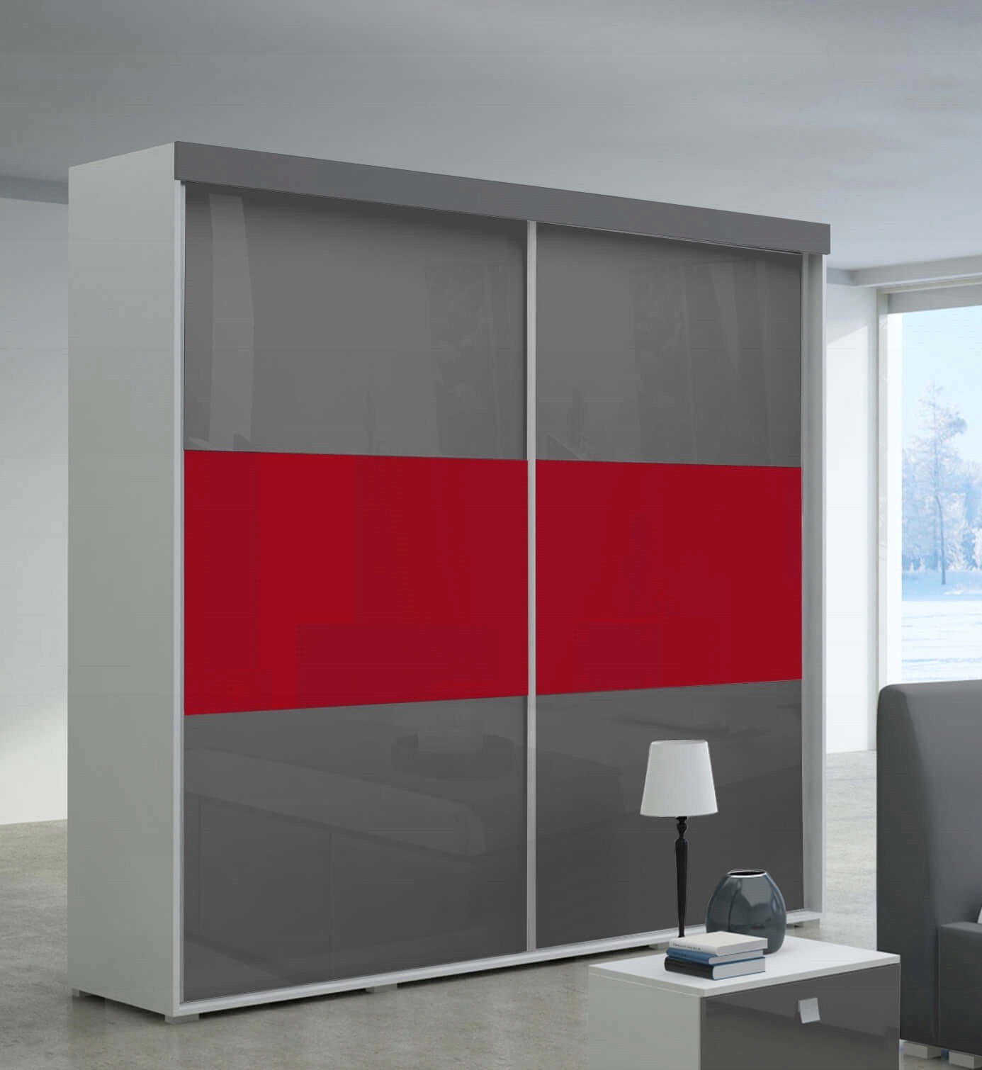 SZAFA BIAŁO-SZARA PŁYTA WYSOKI POŁYSK 200x216 Kolor mebla biały