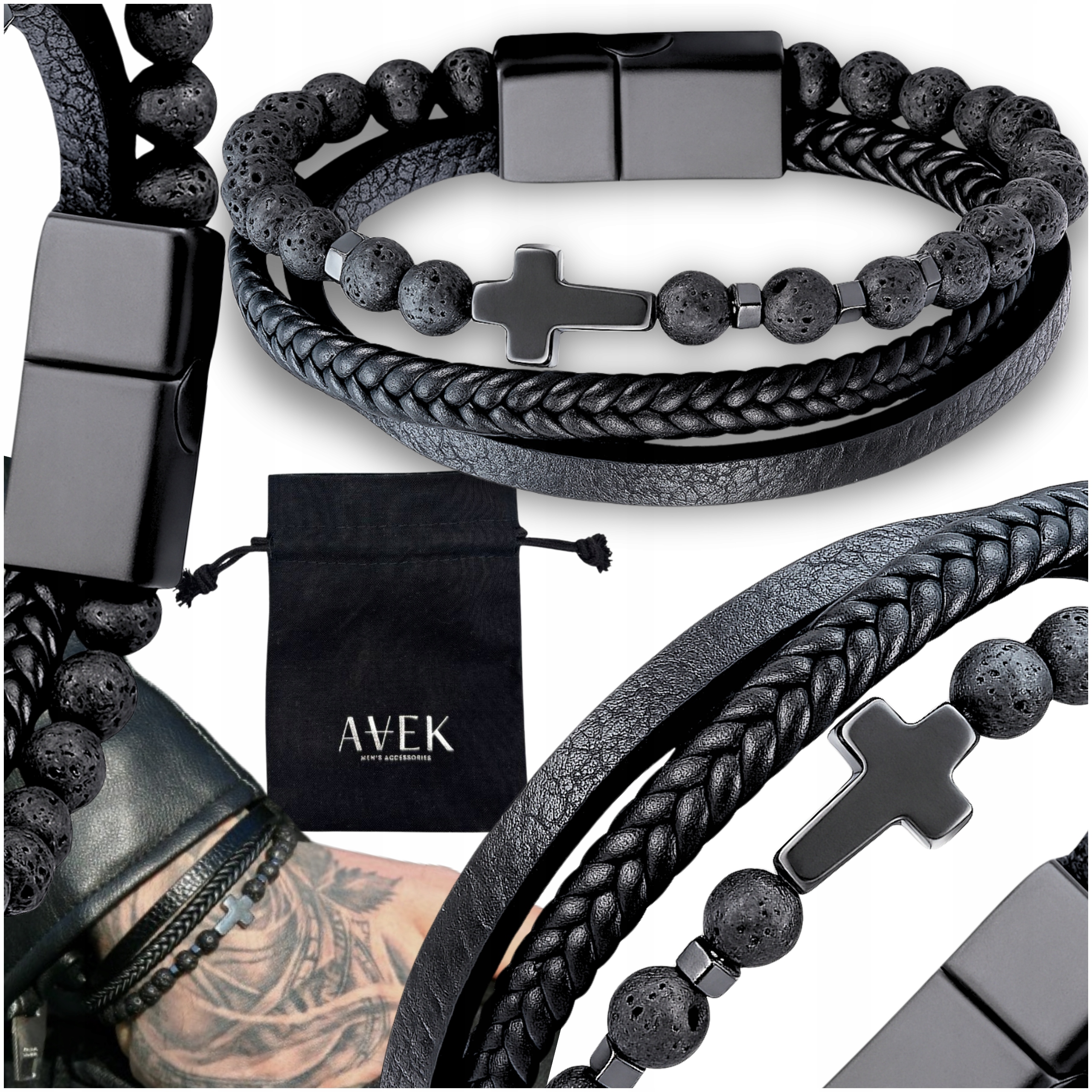 Pánský Náramek S Korálky, Skály, Černá Ocel Jako Dárek 23 CM