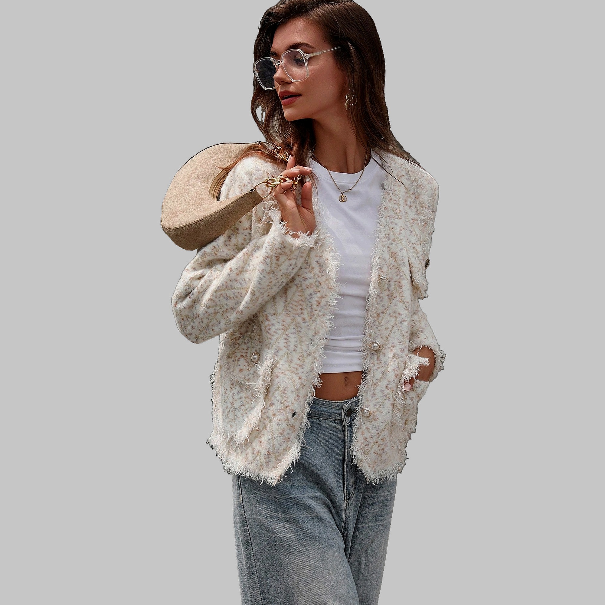 Kardigan Pletený Svetr Elegantní Tlustý Vintage Casual Shein M 38