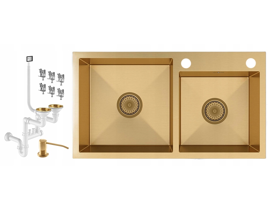 Oceľový Drez 2 Komory Zlatý Odkvapkávač Dávkovač Sifón BARI784