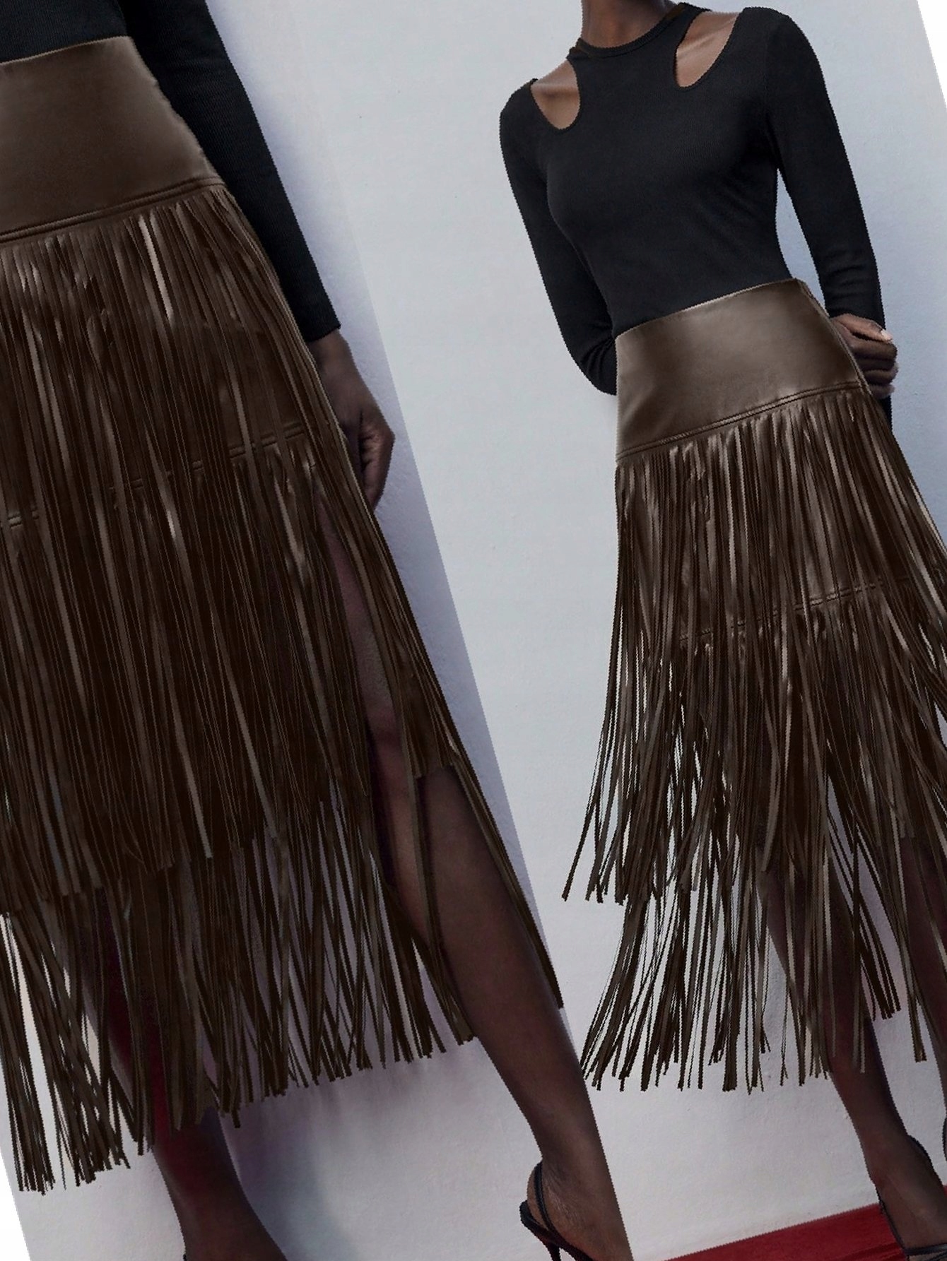 Sukně s třásněmi Večerní Glamour Hnědá Maksi Kožená Xs 34