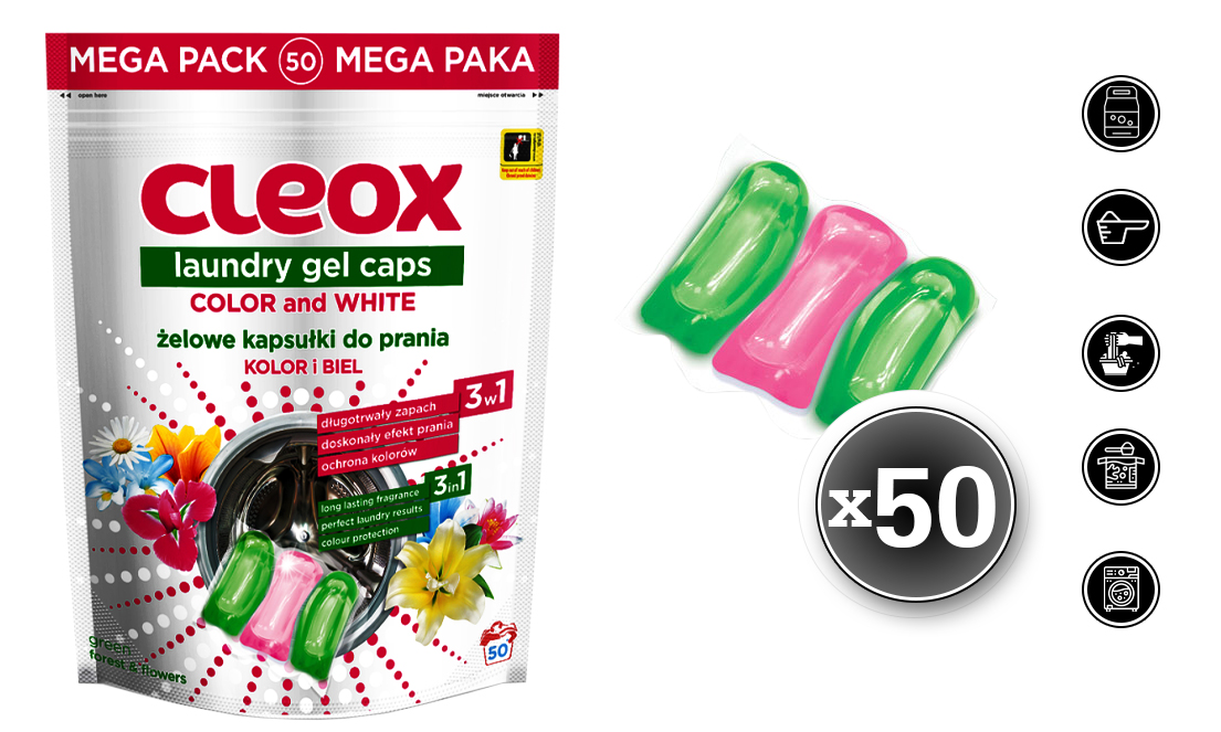 KAPSUŁKI DO PRANIA CLEOX 50 SZT. ŻELOWE UNIWERSALNE KOLOR BIEL 3W1 50 PRAŃ Marka Cleox