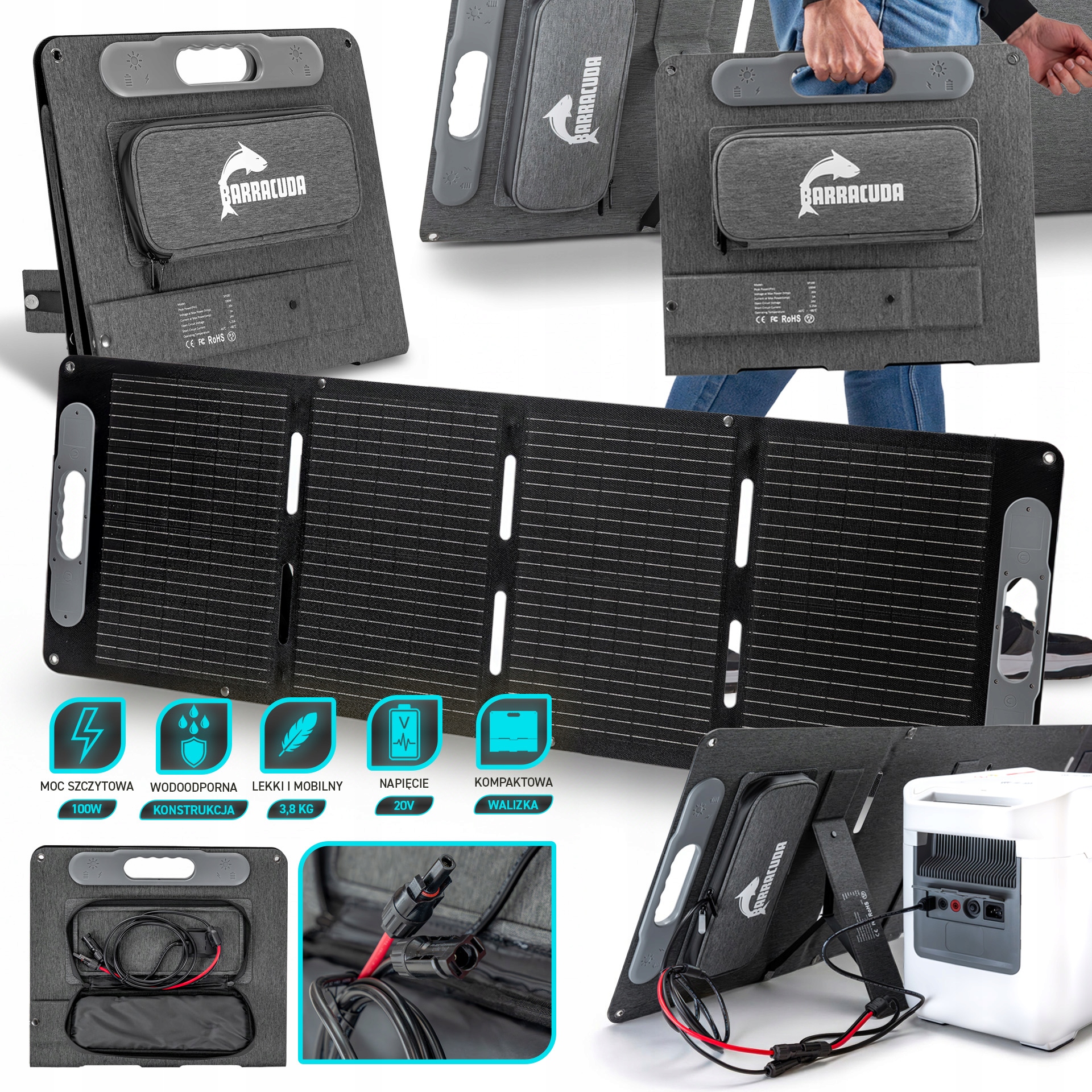 Składany Panel Solarny 100W Przenośna ładowarka solarna Złącza MC4 IP67