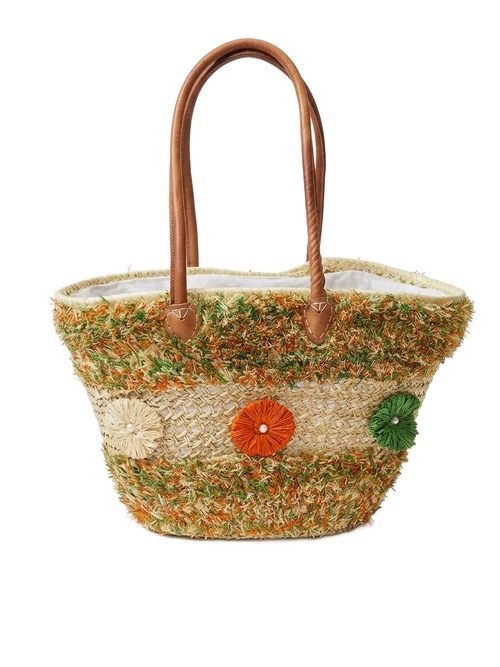 Ručně vyrobený koš z Maroka Boho Premium – Pomeranč & Zeleň & Kůže