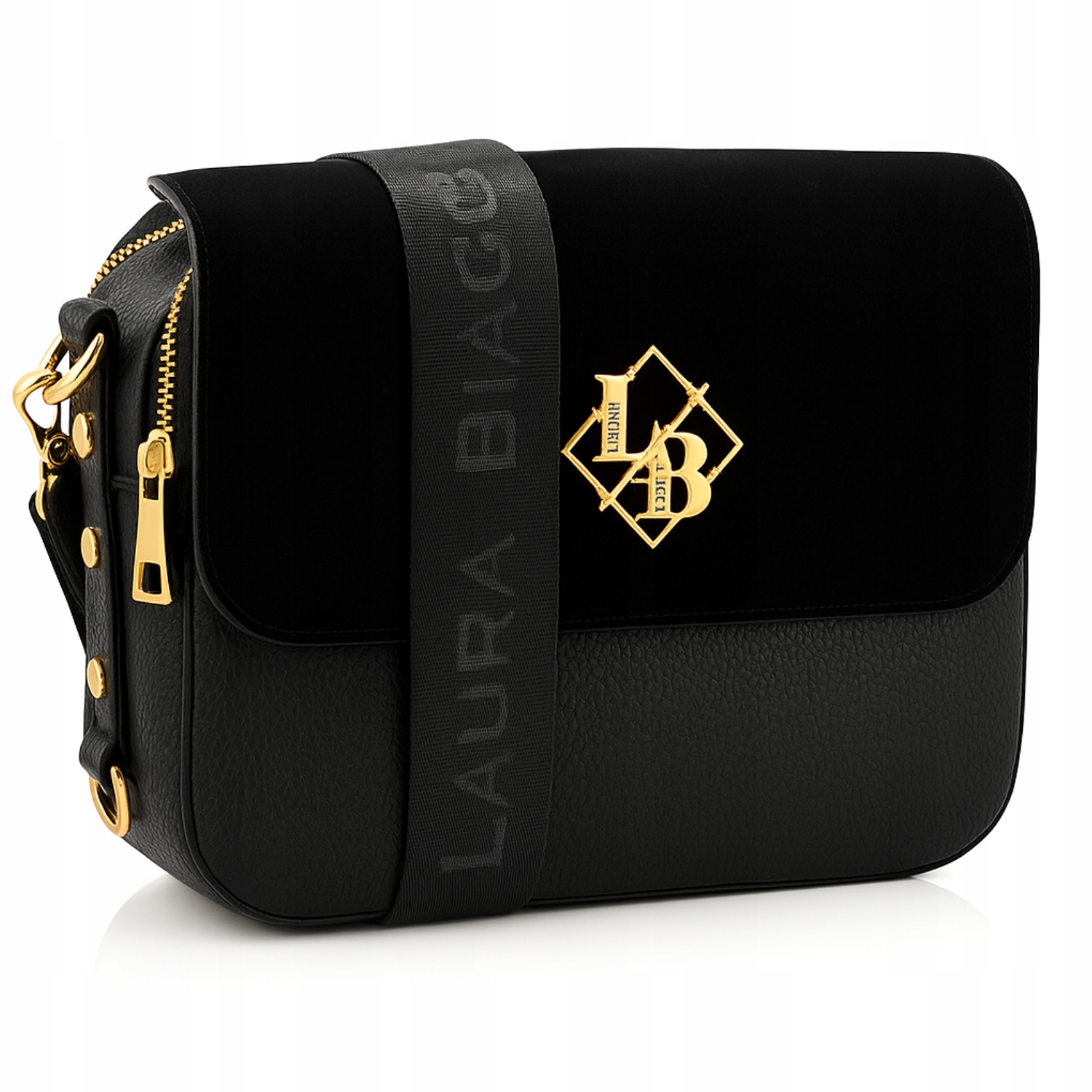 Torebka Damska Laura Biaggi Listonoszka Kuferek Czarna Zamszowa Skóra Eko