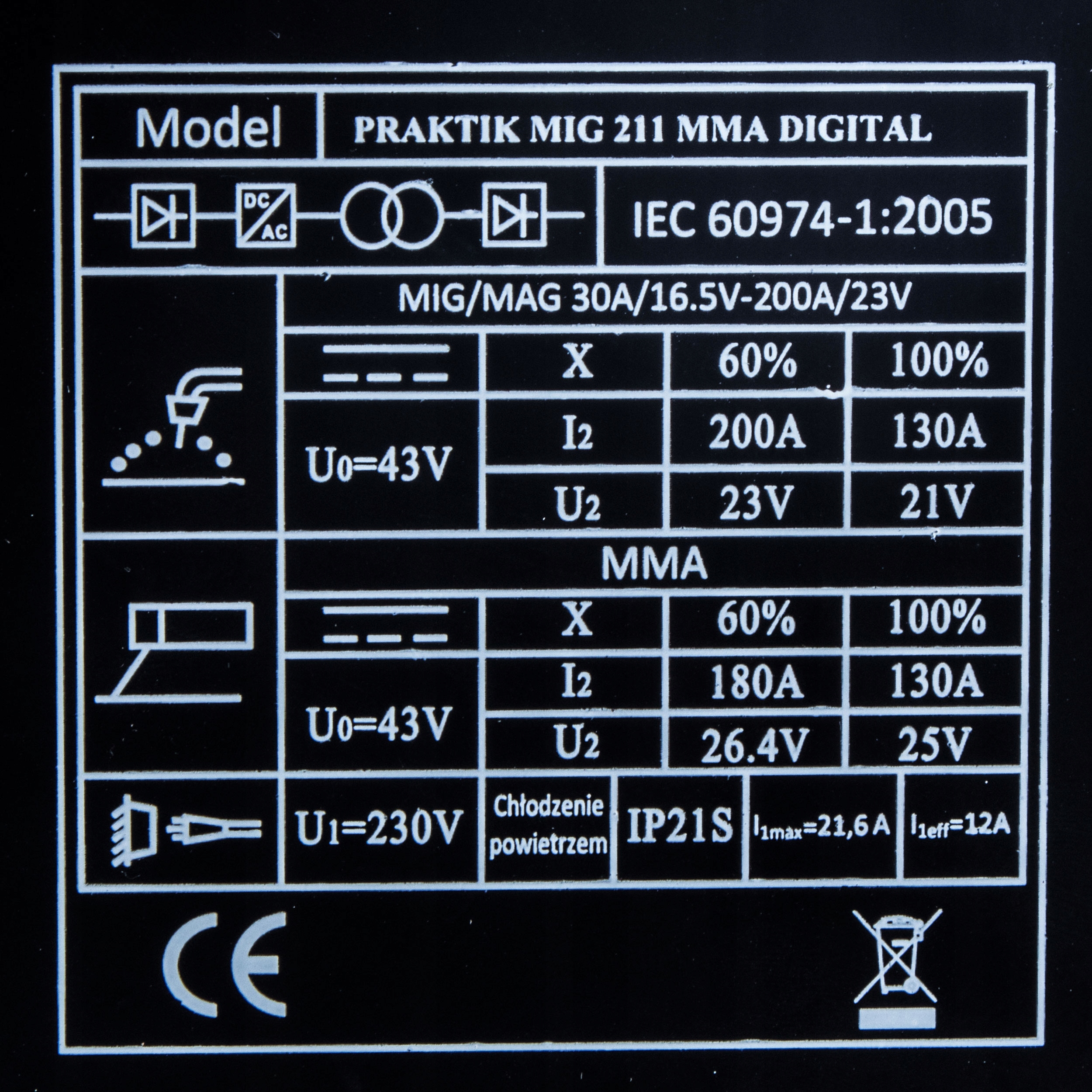PÓŁAUTOMAT SPAWALNICZY IDEAL PRAKTIK MIG 211 IGBT MMA FLUX 230V 200A 3W1 Średnica drutu (mm) 0,8-1,2