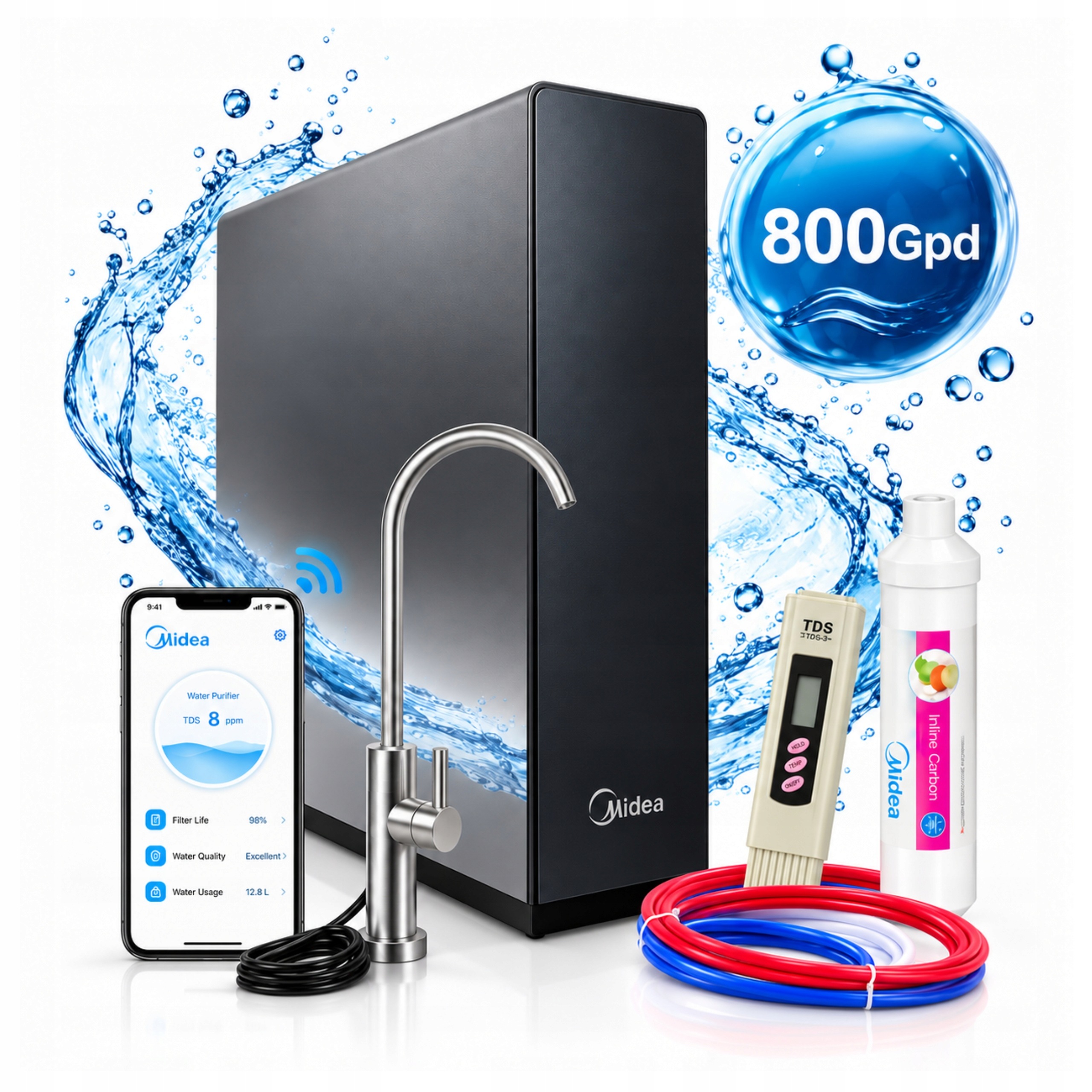 Reverzní Osmóza Vodní Filtr Midea 800GPD Mineralizátor Měřič 4x250g kávy
