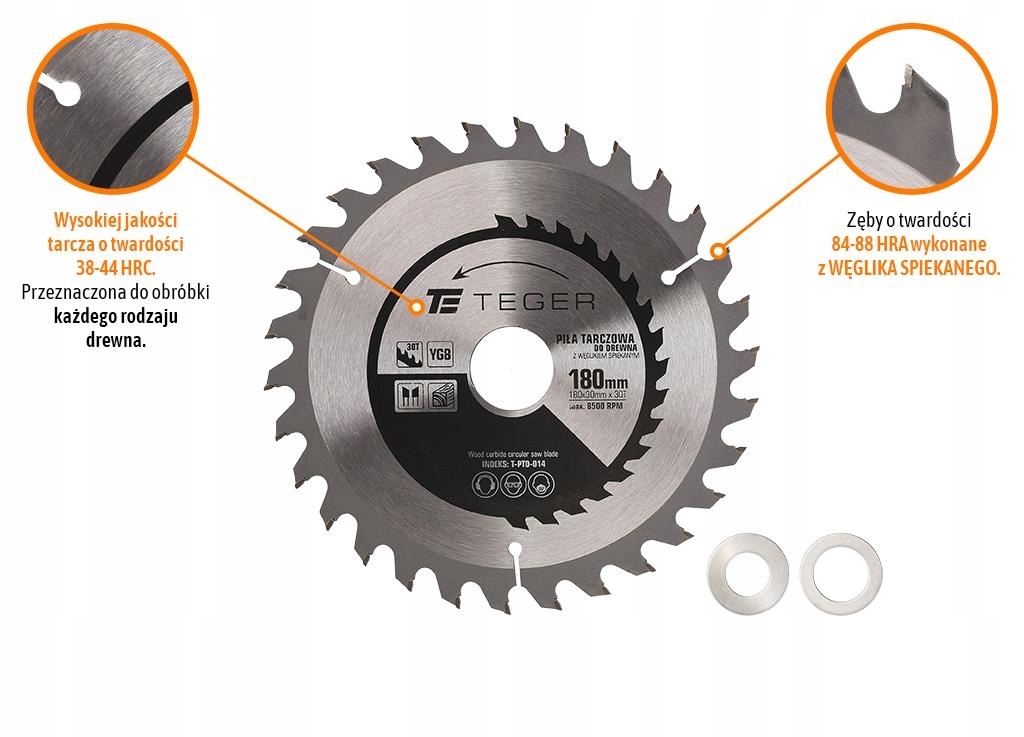 Piła tarczowa do drewna z węglikiem spiekanym 180x30x30T / TEGER Kod producenta T-PTD-014