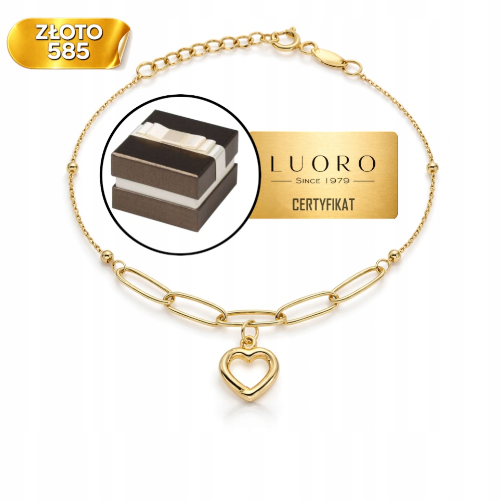 Zlatý Náramek 585 14K Dlouhé Články Srdce Kuličky 17+2 CM Elegantní