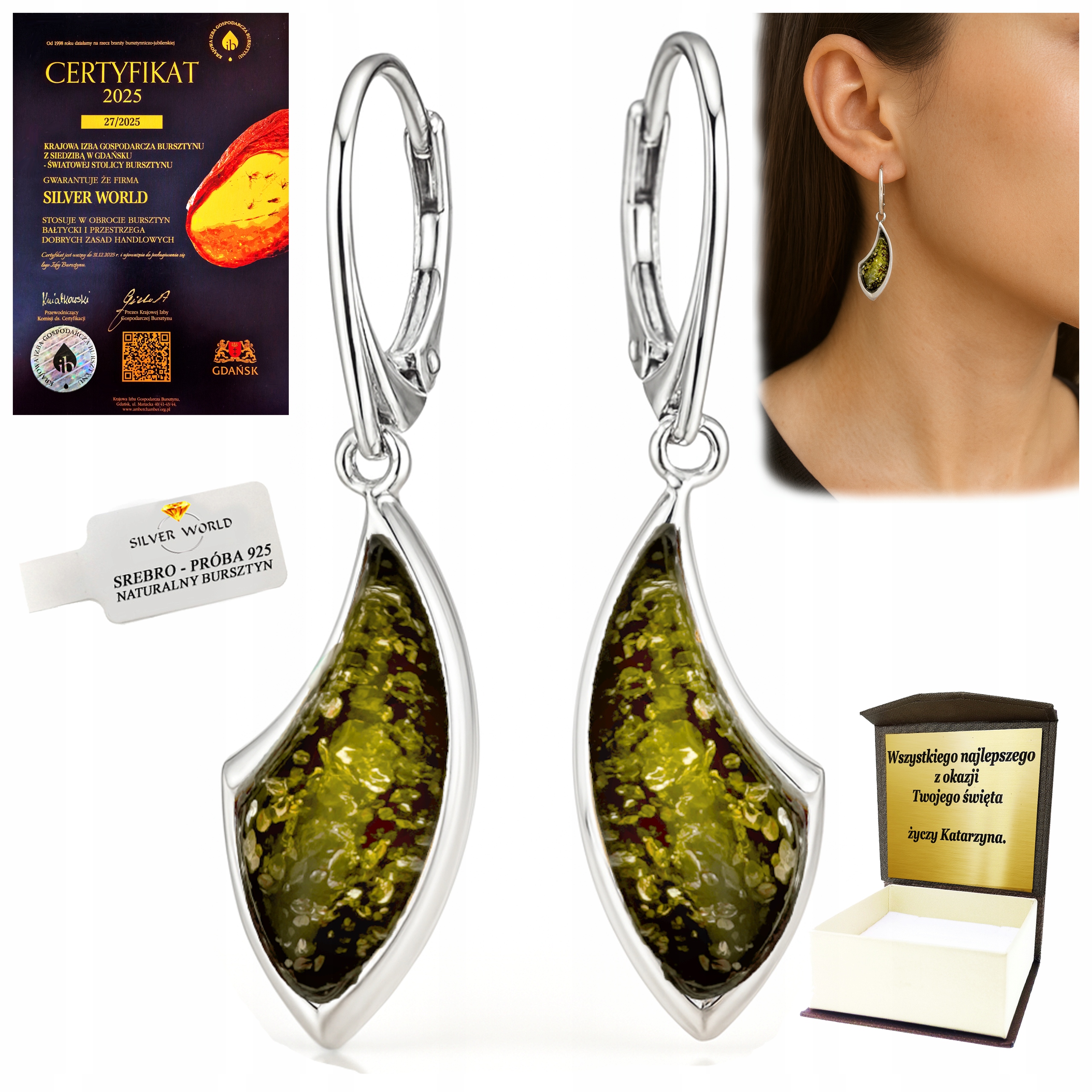 Stříbrné Náušnice S Jantarem, Zelené, Závěsné Jako Dárek +dárek kw5