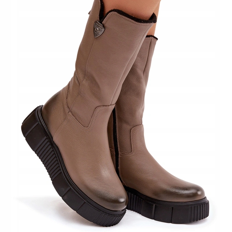 Kožené Kozačky Na Platformě A Podpatku Zazoo 70121 Tmavě Béžové 38