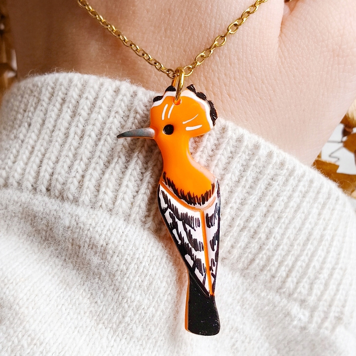 Náhrdelník s dudkem, elegantní boho šperk s motivem ptáka a přírody
