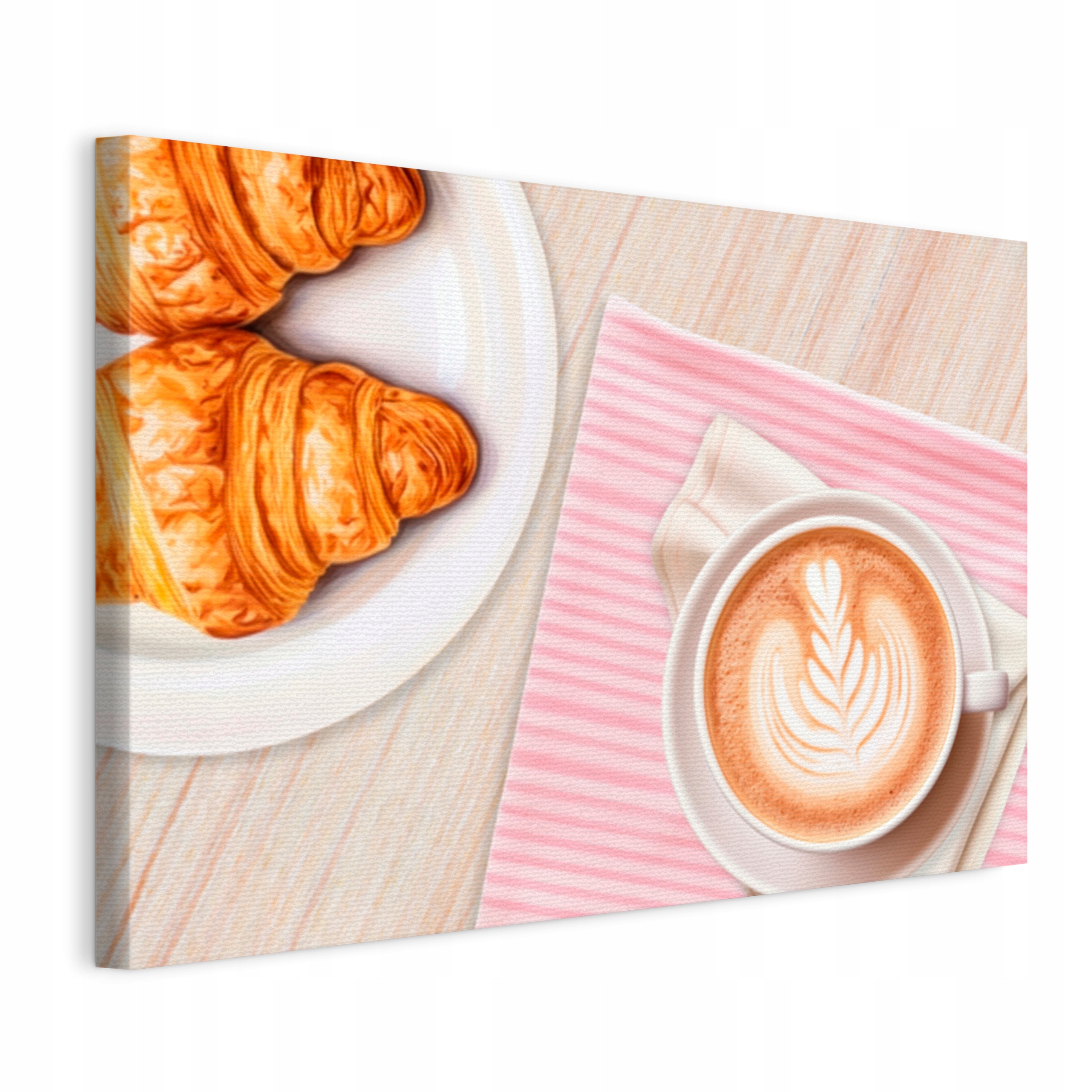 Obraz na plátne Croissanty a káva na svetlom dreve do kuchyne a reštaurácie