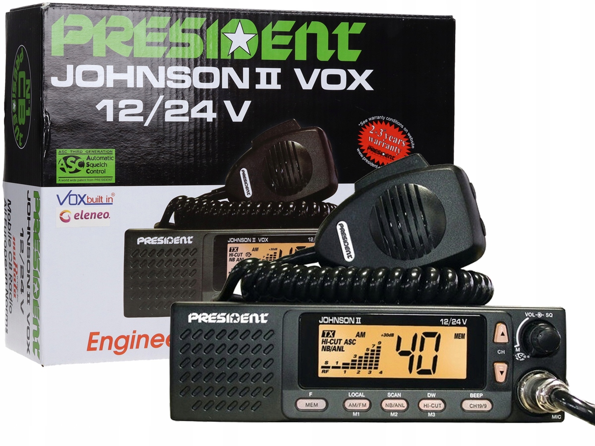 President (JOHNSON II USA) - DIN Size, Multi-Function LCD Display with 3  Backlight Colors, Front Speaker, Weather, 12V/24V, Black, AM/PA, 40  Channel, Mobile CB Radios