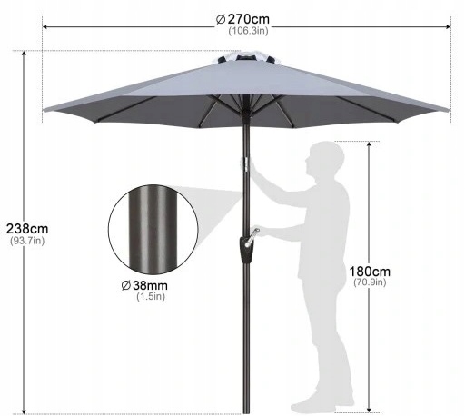PARASOL OGRODOWY PRZECIWSŁONECZNY REGULOWANY NA TARAS BALKON 270 x 238 cm Średnica/szerokość 270 cm