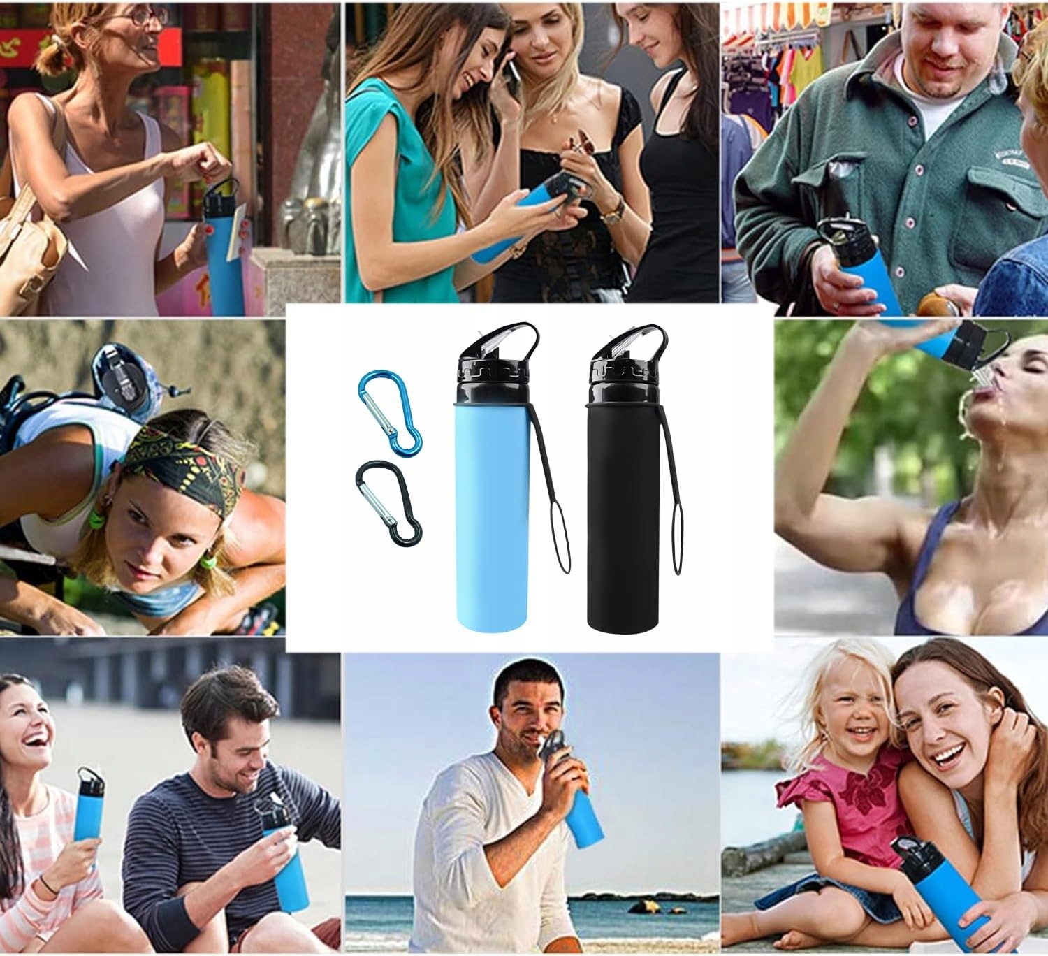 2X SKŁADANA SILIKONOWA LEKKI BUTELKA NA WODĘ 600ML Wysokość 26 cm