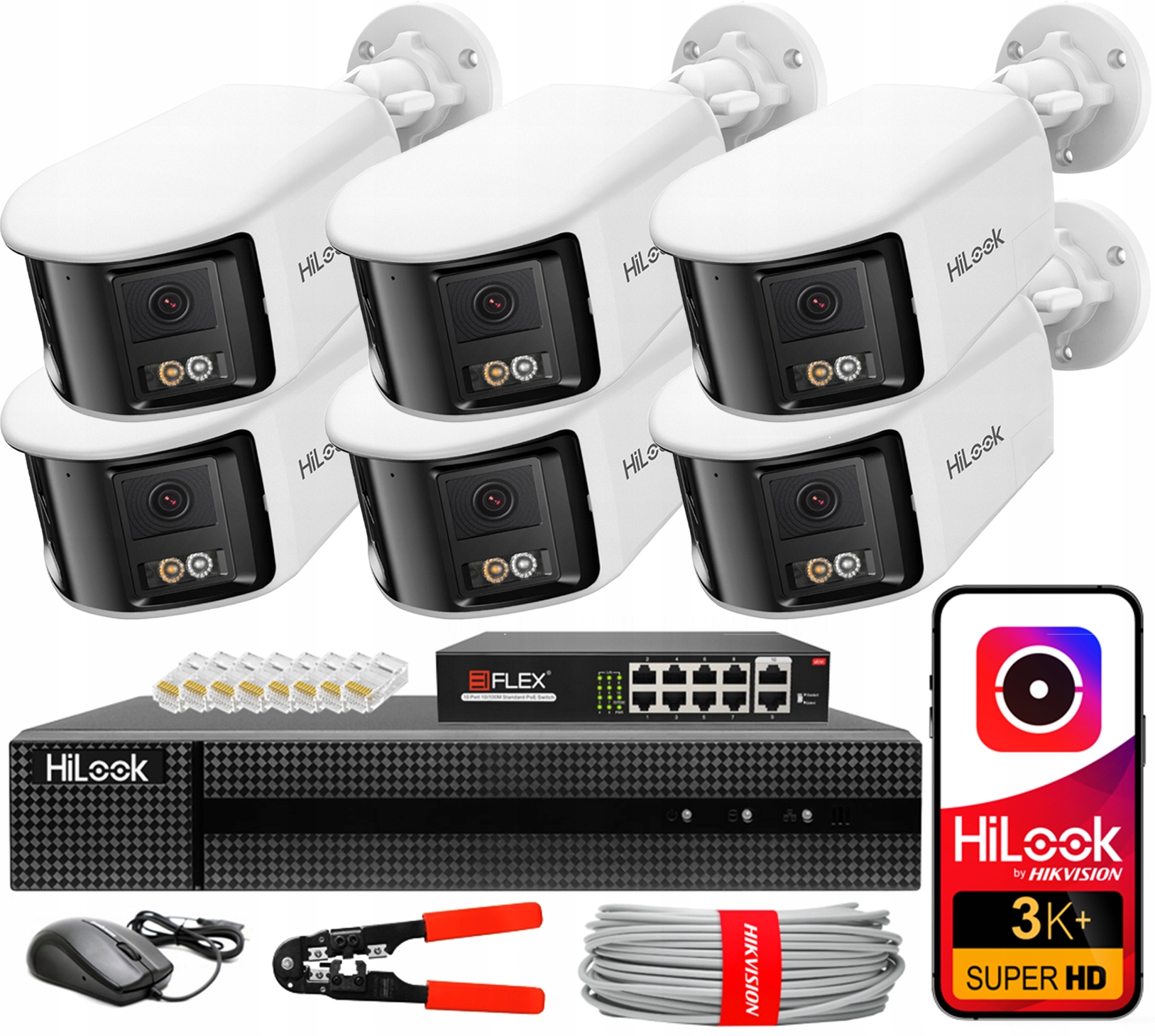Monitorování Ip 6 panoramatických kamer PoE HiLook od společnosti Hikvision 6MPx 3K Switch