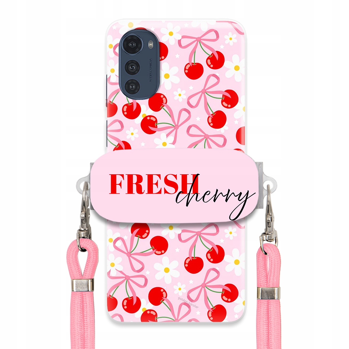 Puzdro pre Motorola E32s Case držiak na šnúrku Ružový Fresh Cherry Kokardy