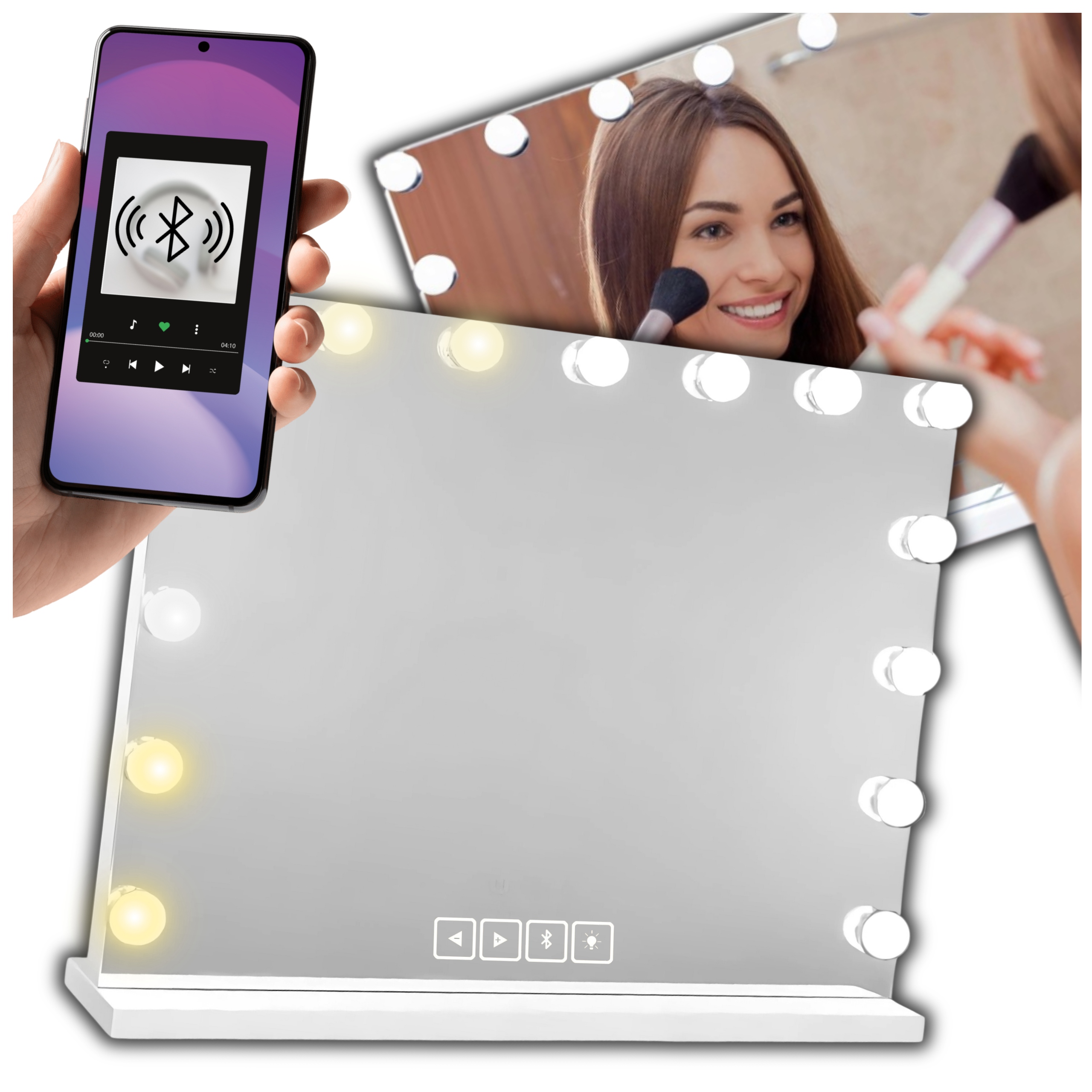 Zrcadlo Kosmetické zrcátko Holywood 58 x 46 cm 15 Led s Bluetooth