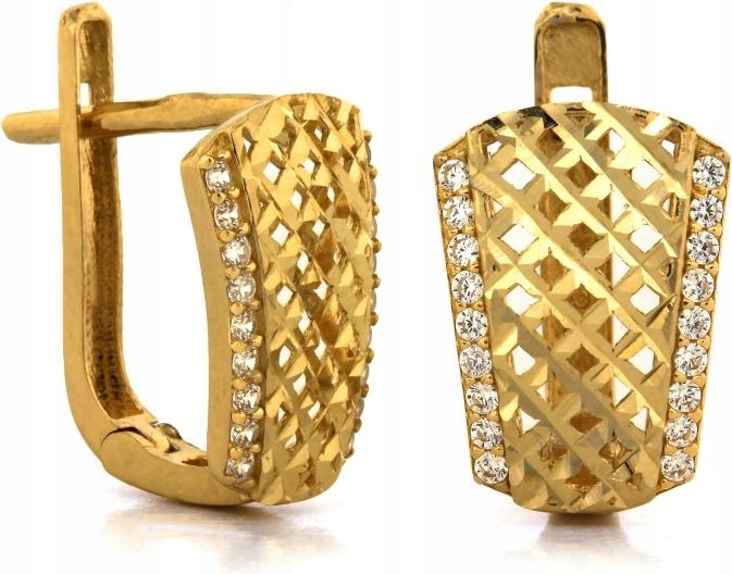 Náušnice zlaté 585 módní plechy se zirkony anglické frézované stylové