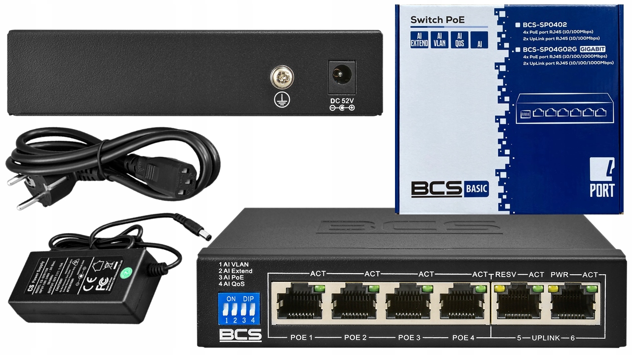 Switch PoE dla 4 kamer IP BCS-B-SP0402