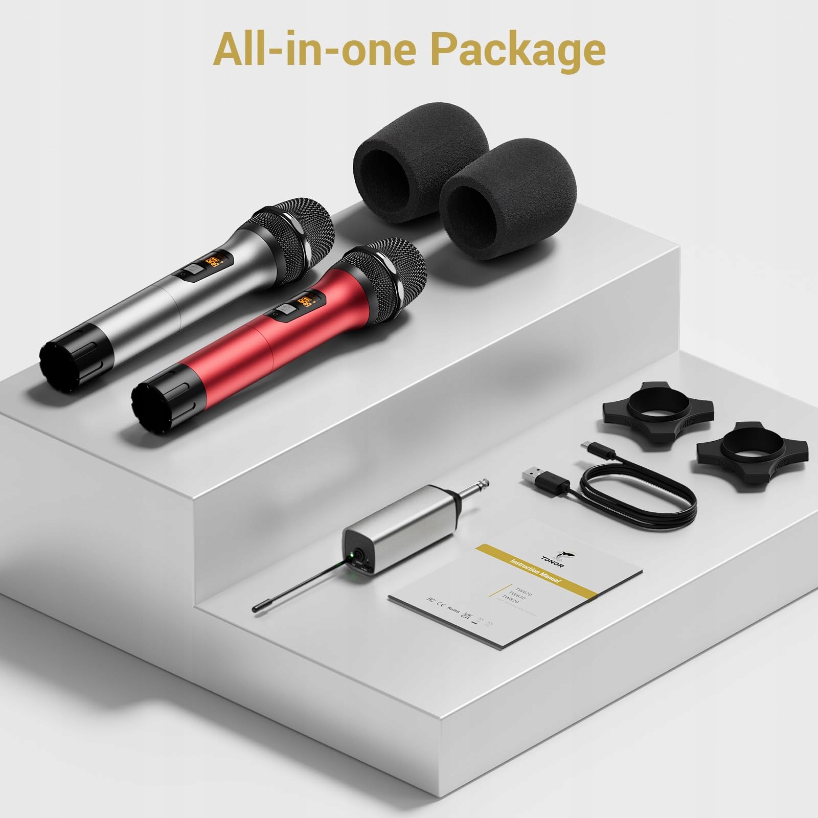 TONOR Mikrofon Bezprzewodowy UHF Dual Metaliczny System Karaoke DJ Kościół — miniatura 9