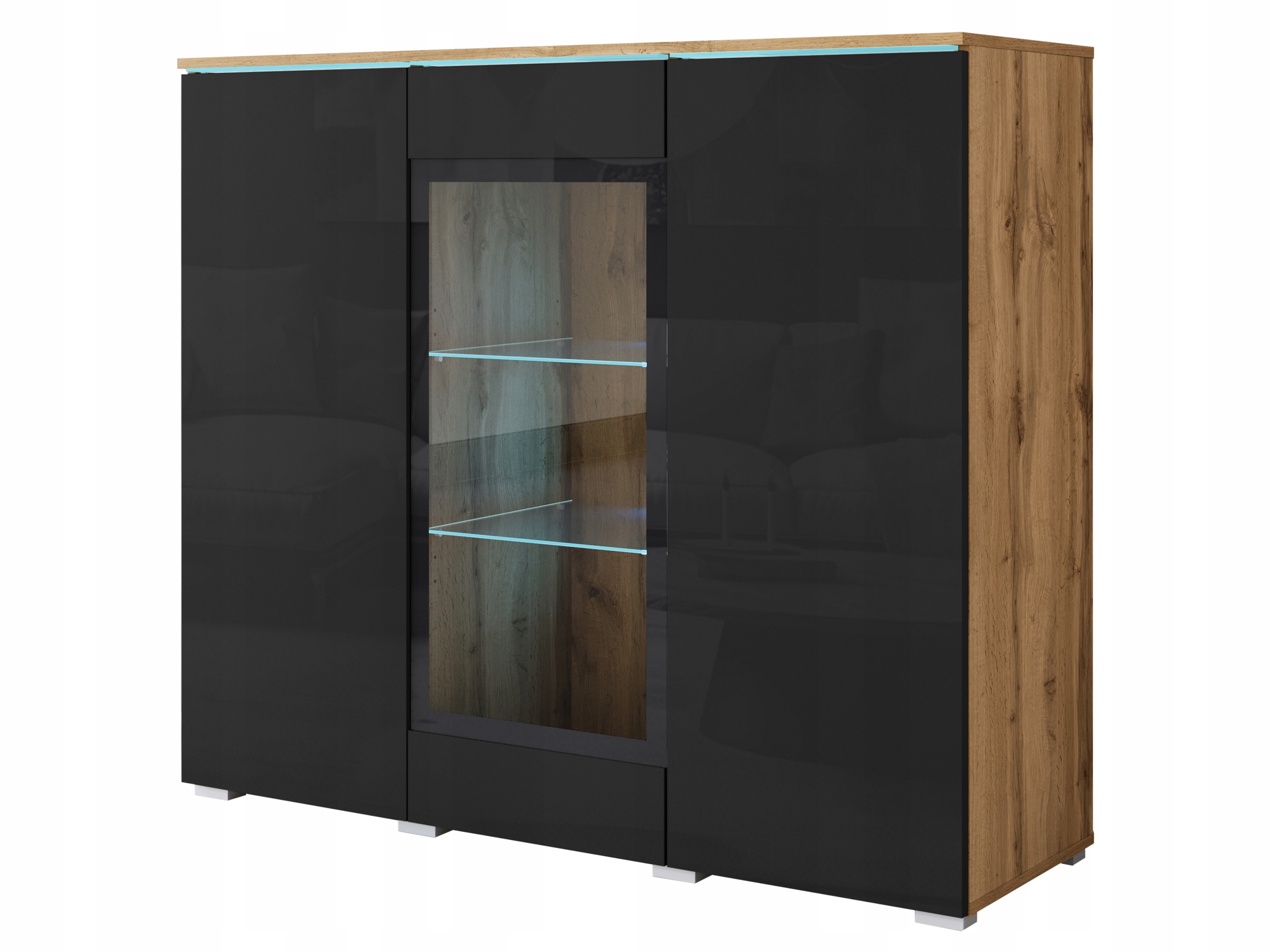 Moderní vysoká vitrína se sklem 120 cm do obývacího pokoje dub wotan/černý lesk