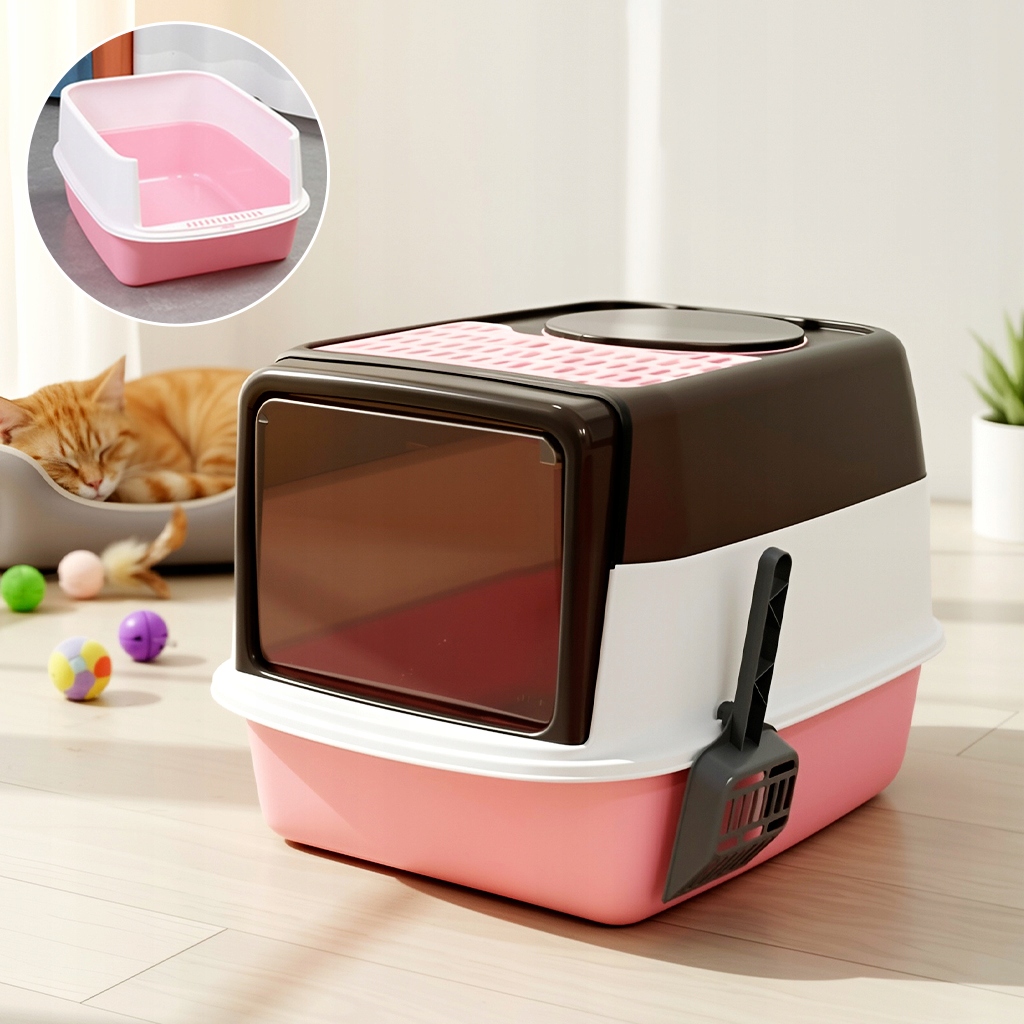 Uzamykatelná toaleta pro kočky s škrabadlem, hřebenem a lopatkou, velká, 2v1, růžová