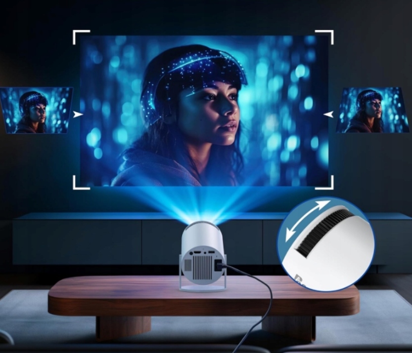 PROJEKTOR RZUTNIK ANDROID TV WIFI FULL HD PRZENOŚNY SMART GŁOŚNIK OBROTOWY Funkcje korekcja zniekształceń lupa odtwarzanie filmów z USB wirtualna mysz zoom