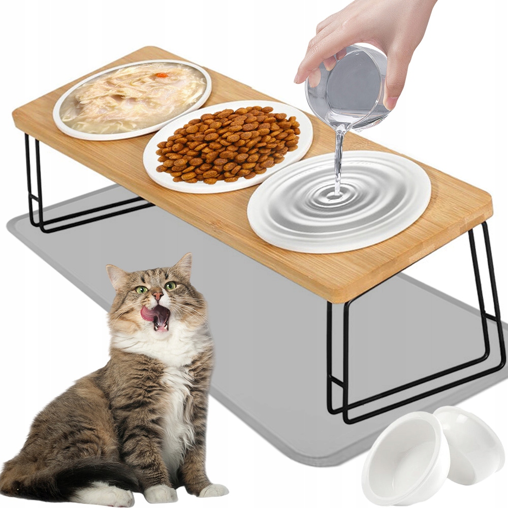 Sada Misek Pro Psa Kočku Keramika 3 Ks Bambusový Stojan 15° Protiskluzová Podložka