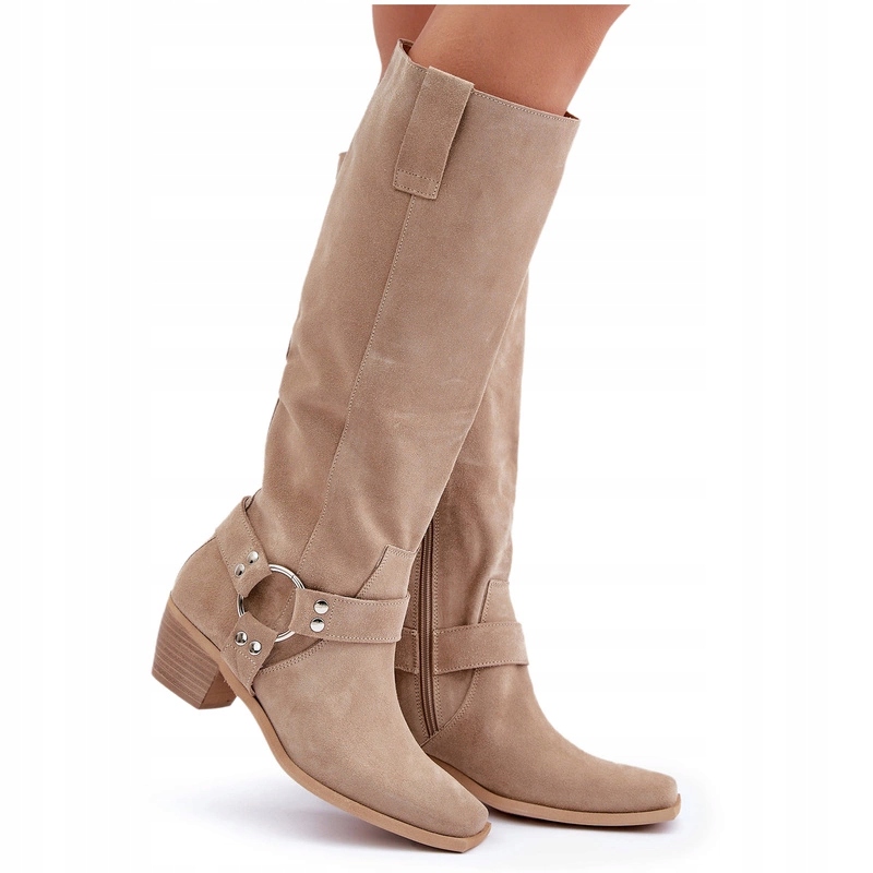 Kozačky Z Přírodního Semiše, Nízký Podpatek, Nazouvací, Zazoo 3444/O, Světle Béžové, Velikost 39