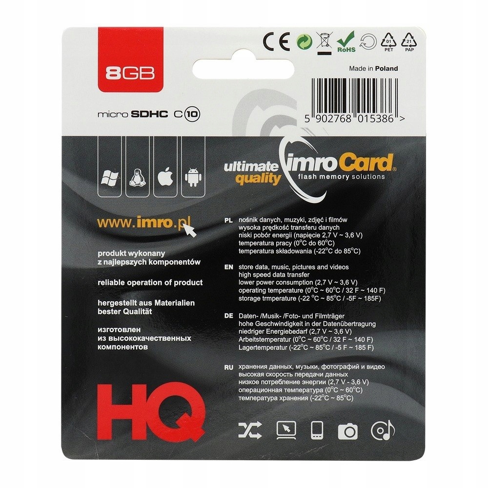 Karta pamięci IMRO microSD 8GB kl.10 100MB/s micro SDHC do telefonu kamery EAN (GTIN) 5902768015386