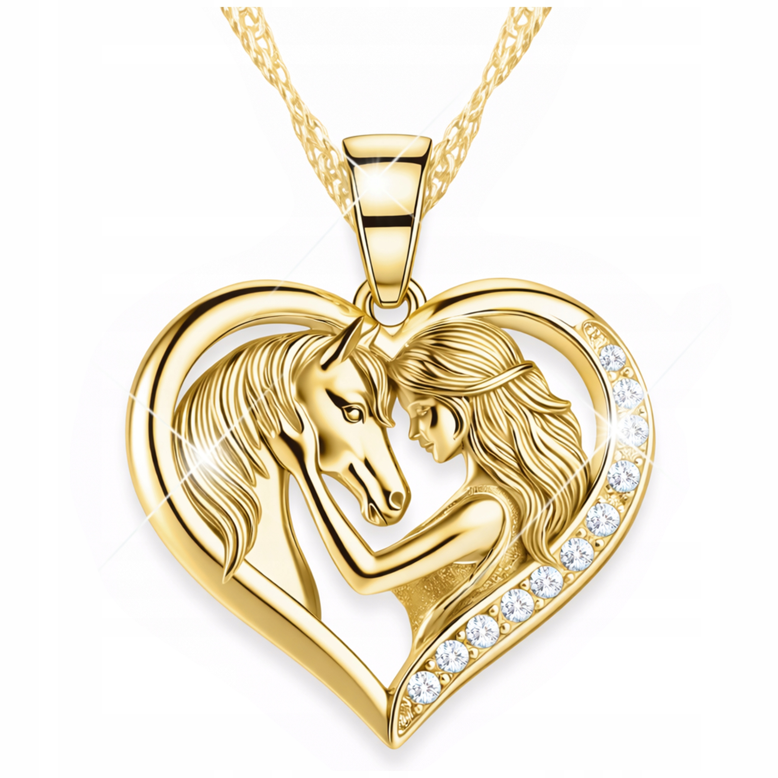 Złoty Naszyjnik Serce Dziewczynka z Koniem Koń Konik Cyrkonie Srebro 925
