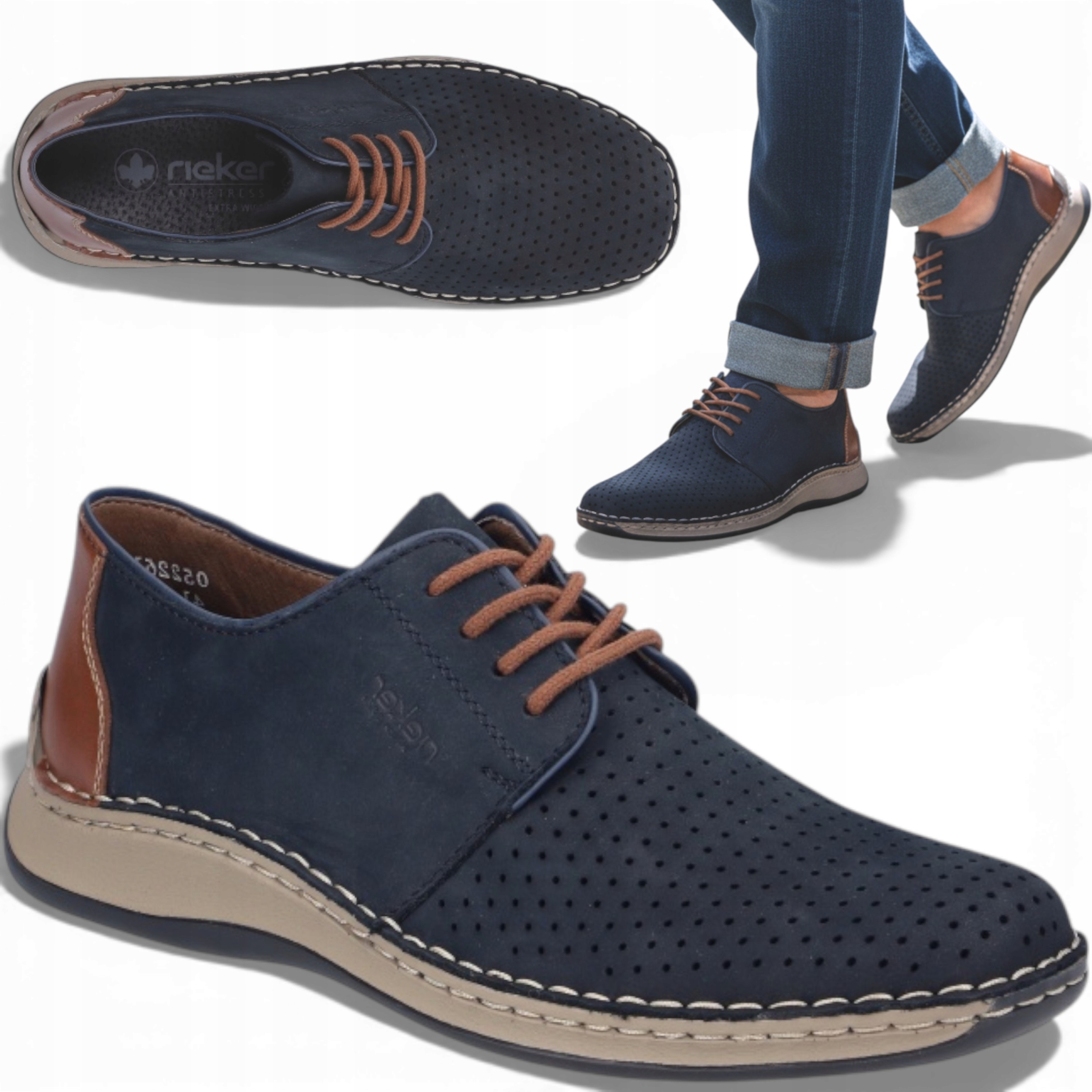 Pánské kožené polobotky 44 Rieker Pohodlné Elegantní Prodyšné Tmavě modré