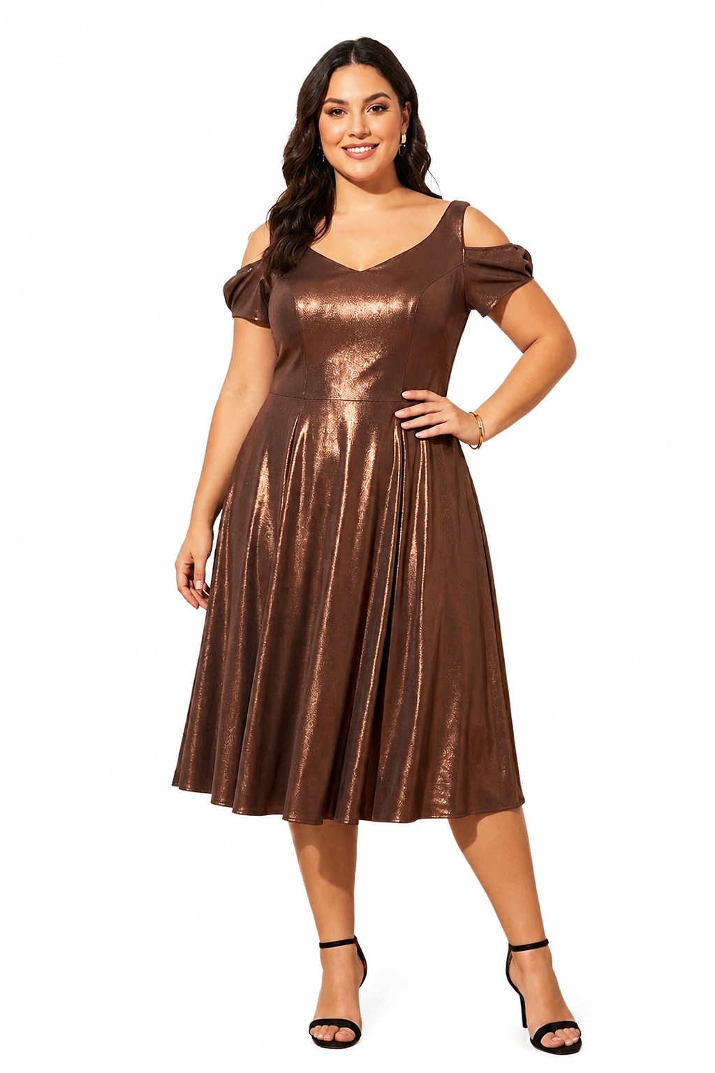 N679Šaty návštěvní,svatební hostina,midi,ozdobný rukáv Plus Size, vel50 čokoláda