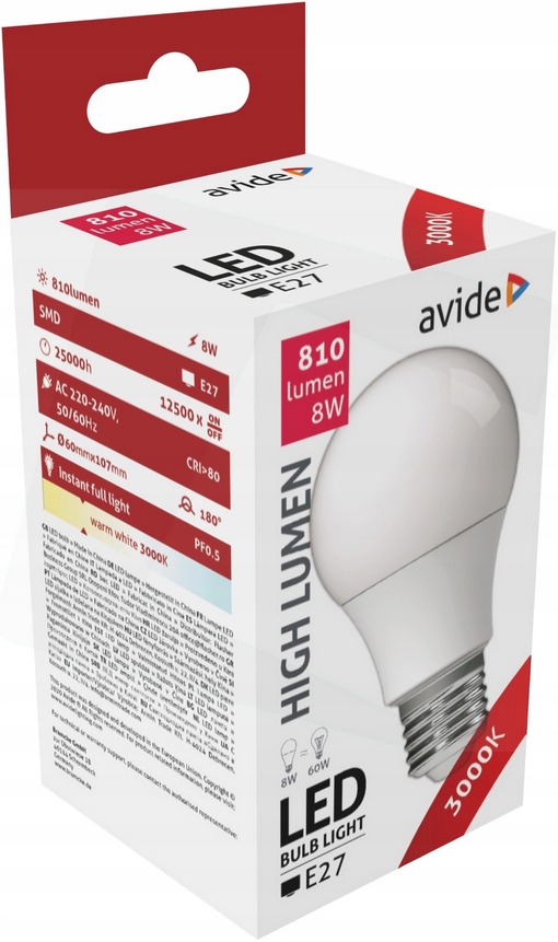 

Żarówka Led avide E27 8W 60W 810lm ciepła 3000K