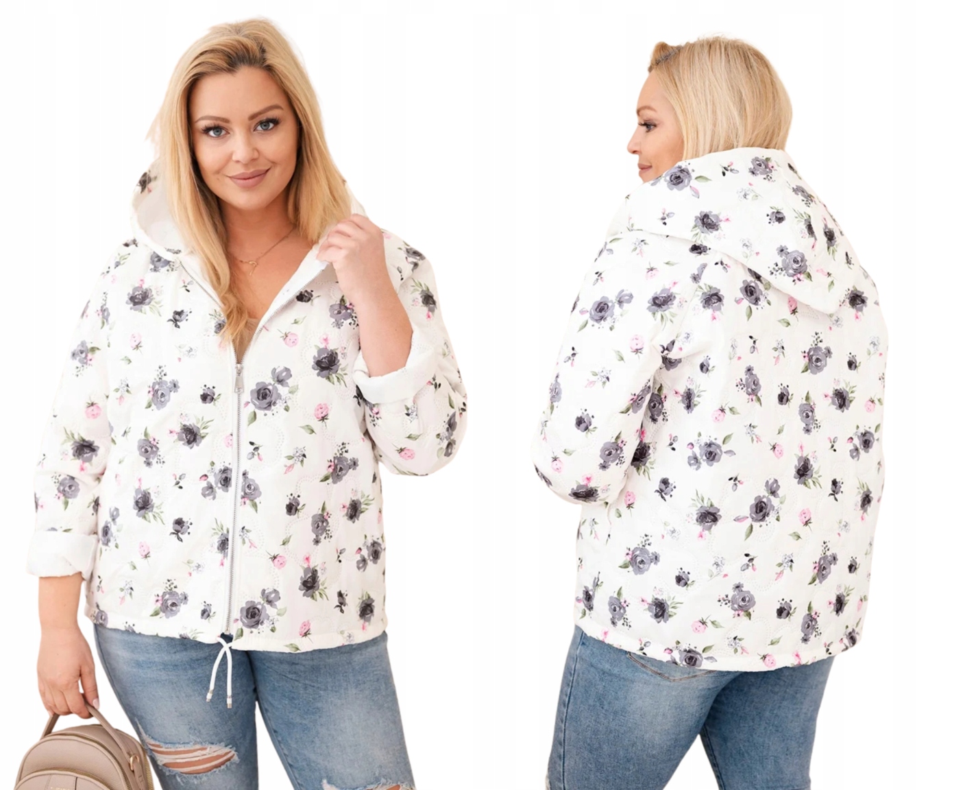 Grafitová dámská bunda s kapucí Plus Size se zapínáním na zip Jarní