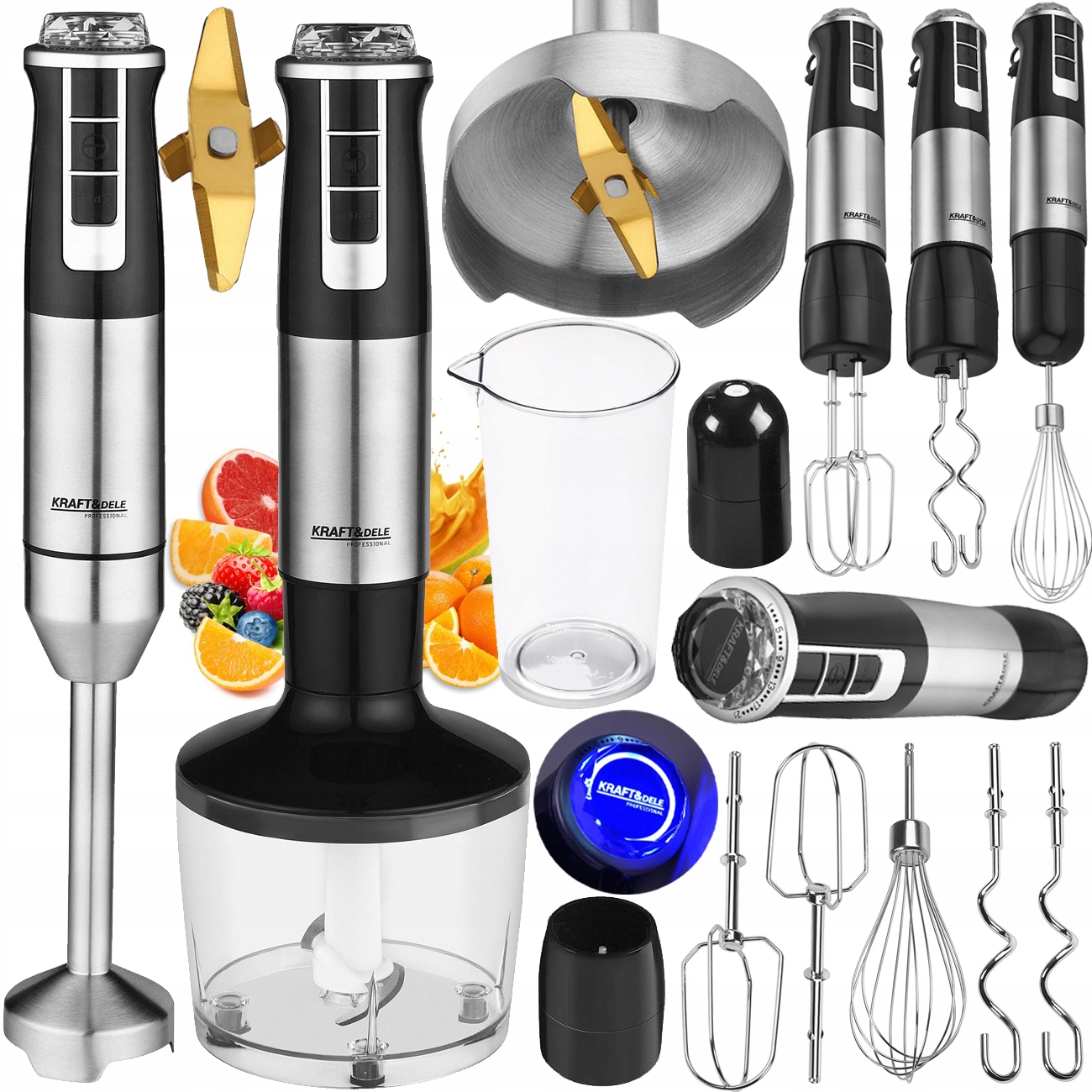 Mocny Blender Wielofunkcyjny Mikser Ręczny 1500W Srebrny Led Akcesoria XXL
