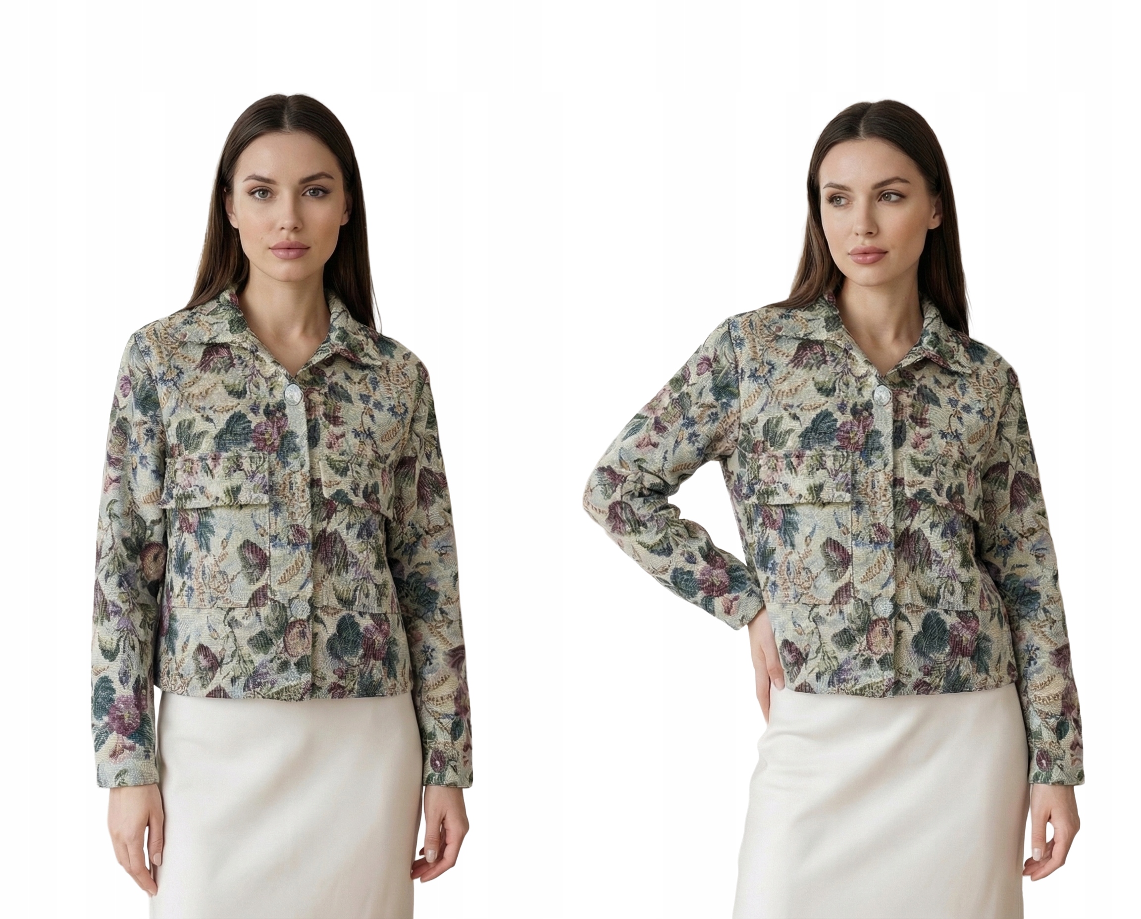 Dámská Žakárová Bunda S Květinami, Prémiová Vyšívaná Sako, Béžová, Uni