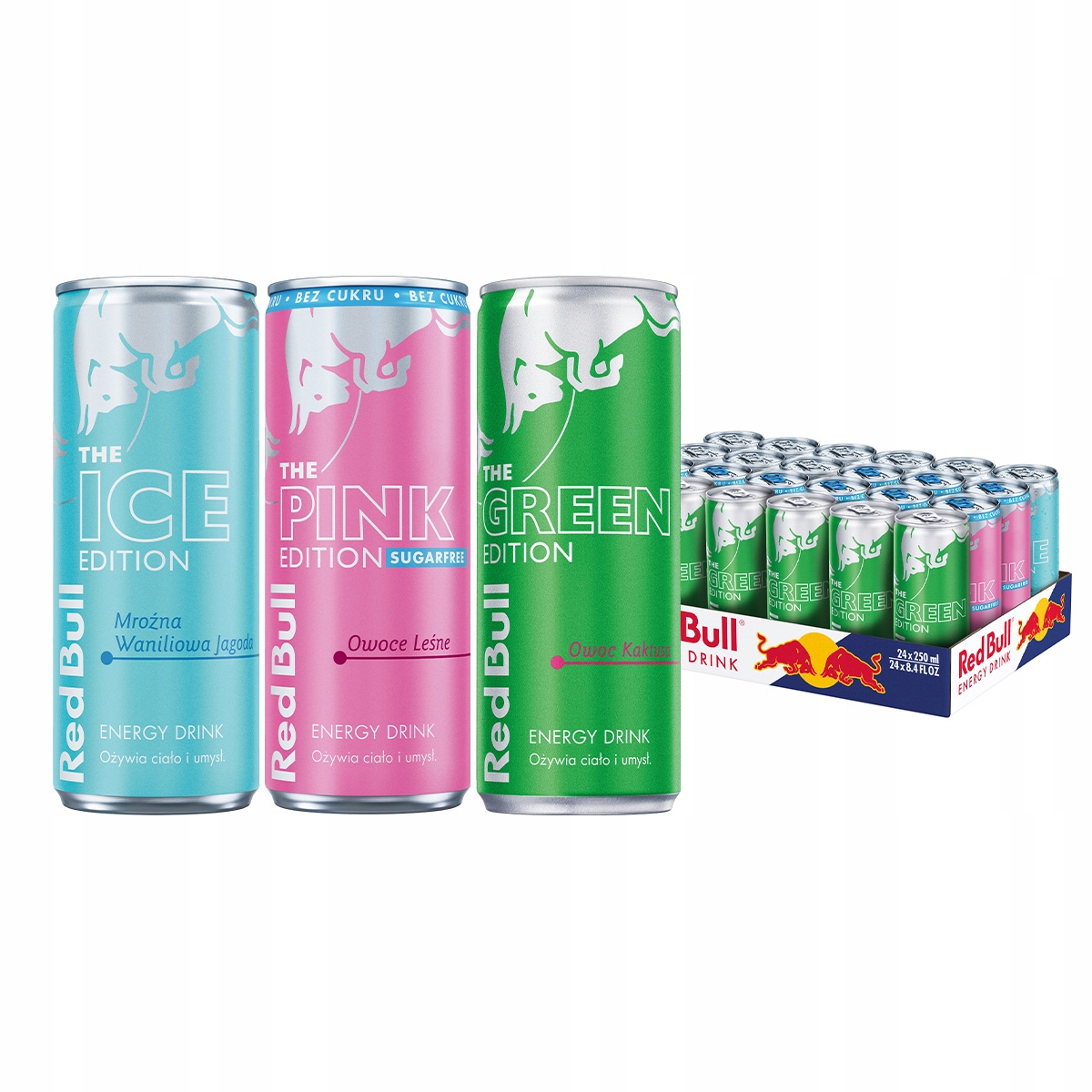 Red Bull napój energetyczny energetyk mix smaków Ice, Pink, Green 24x250ml