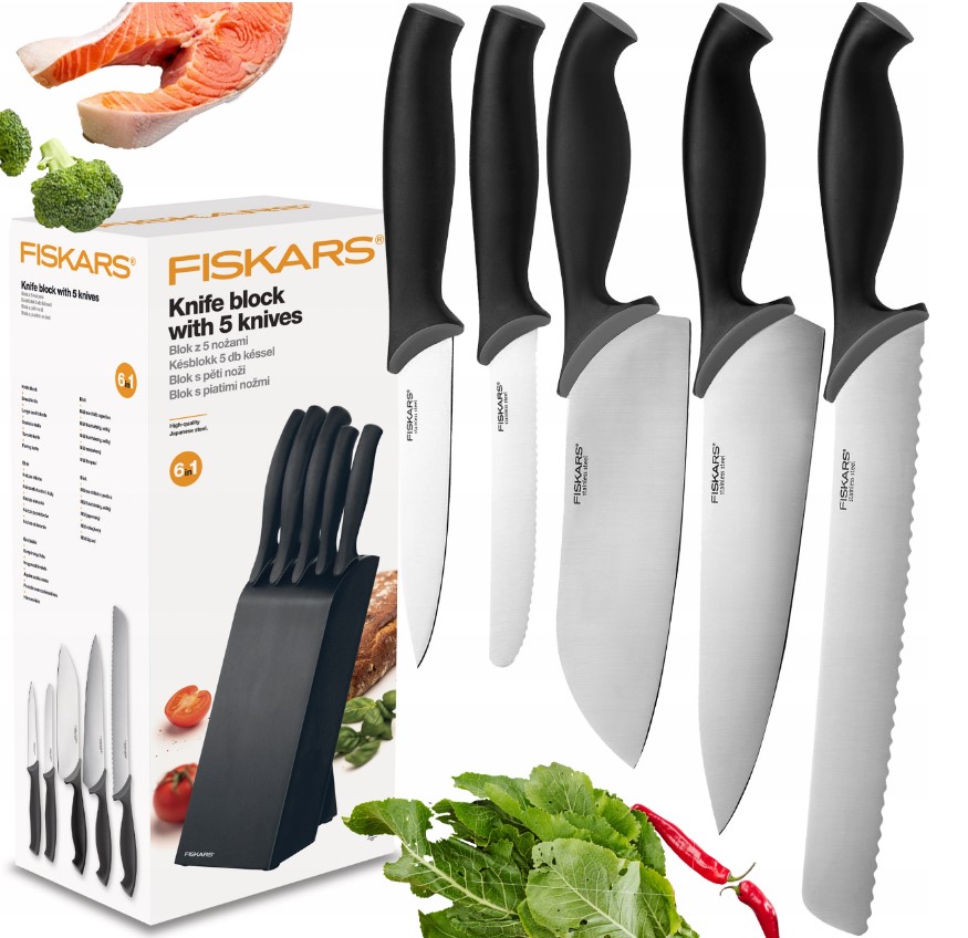 Fiskars sada 5 ostrých kuchynských nožov v čiernom drevenom bloku