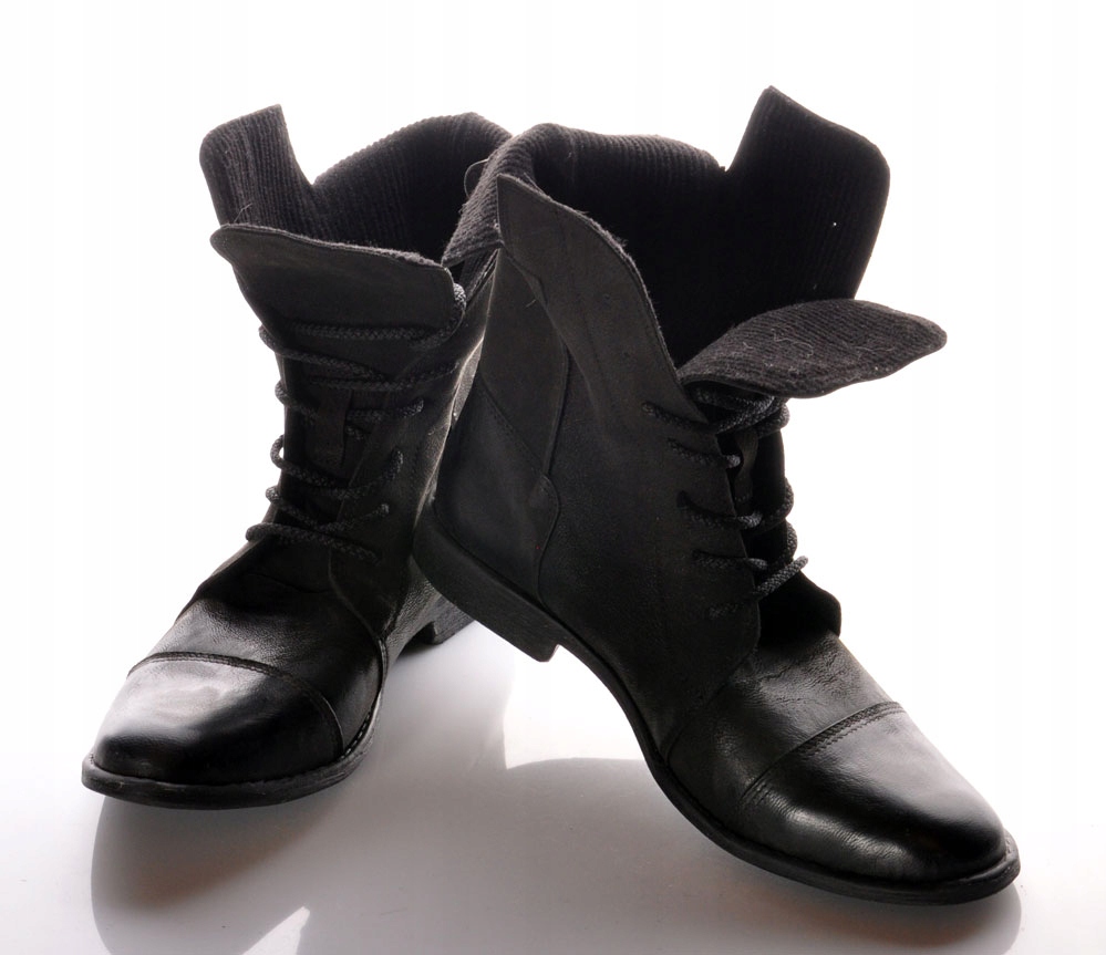 BUTY BULLET za kostkę PRZYPALANE WYŚWIECONY SZPIC CZARNE SZTYBLETY SKÓRA 43 Długość wkładki 29 cm