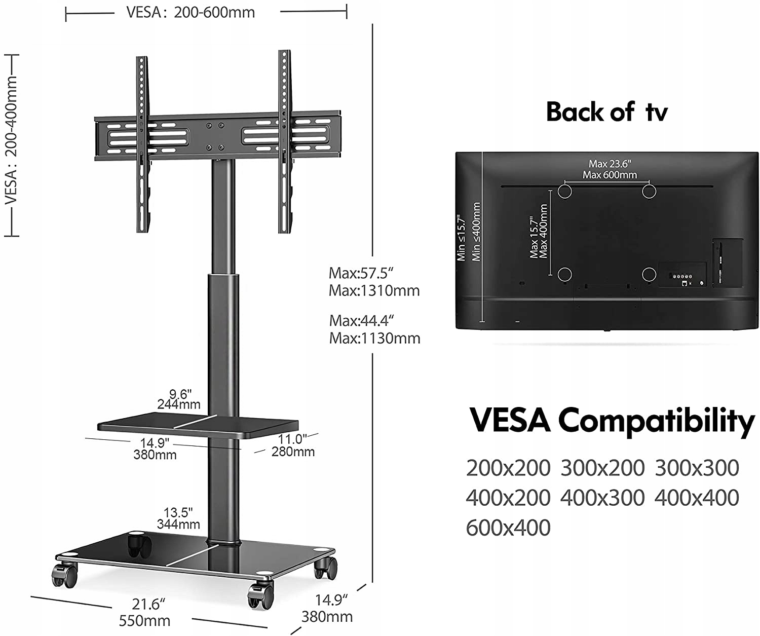 STOJAK POD TELEWIZOR KÓŁKA 2 PÓŁKI 60 CALI 30 KG Kod producenta fitu